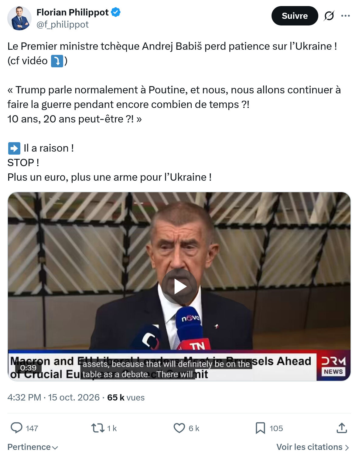 Florian Philippot: Le Premier ministre tchèque...