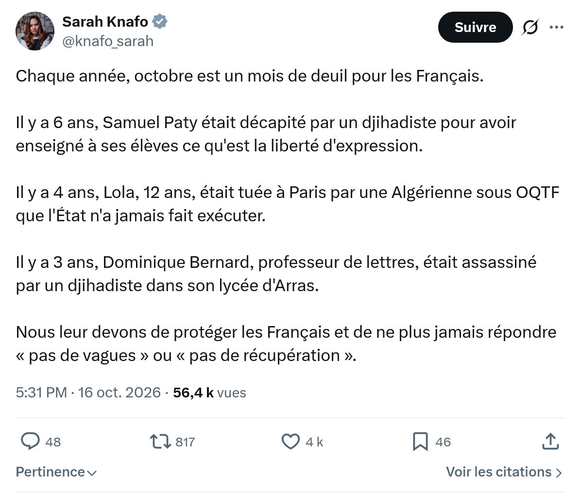 Sarah Knafo: Chaque année, octobre...