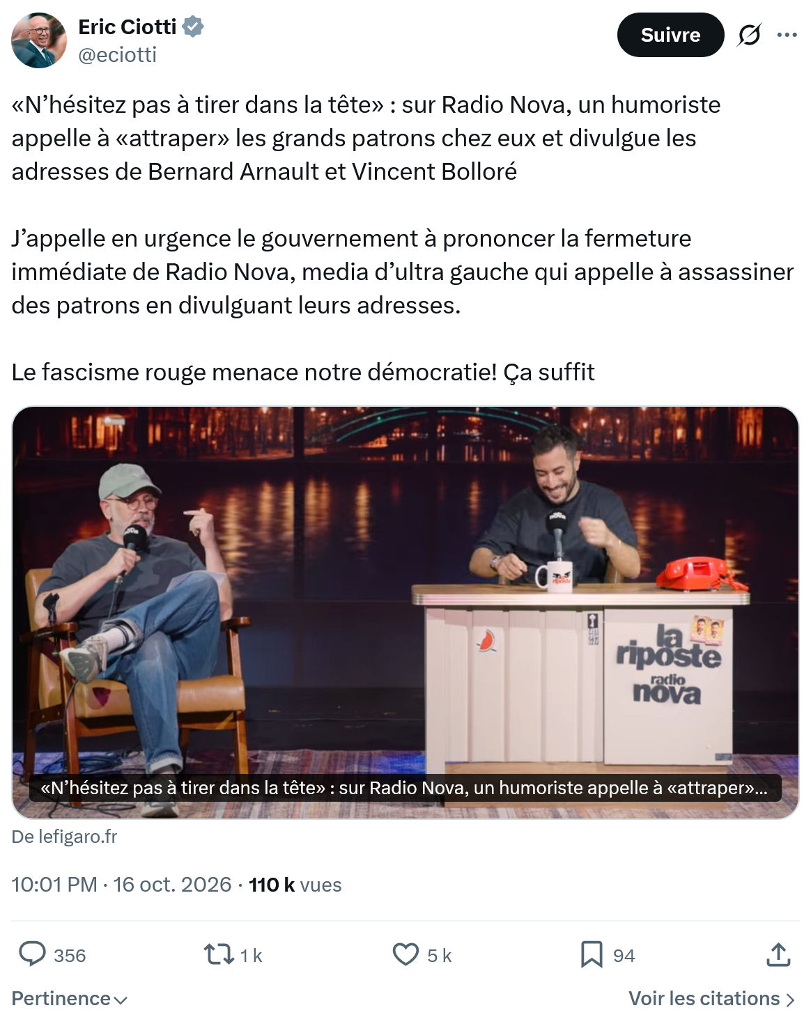 Éric Ciotti: «N’hésitez pas à tirer dans la tête»...