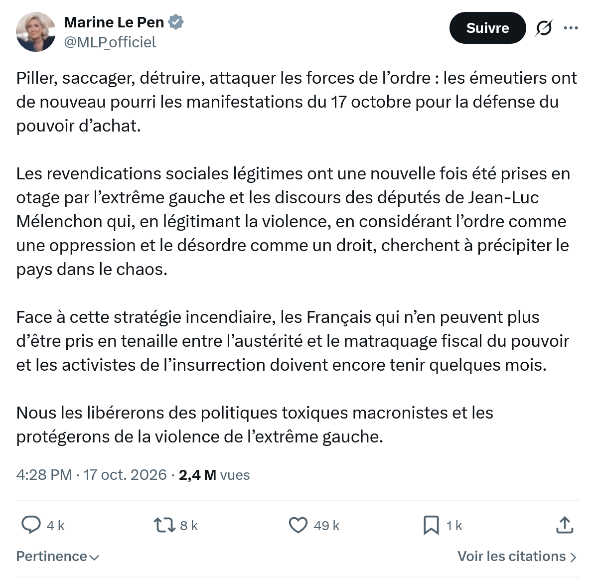 Marine Le Pen: Piller, saccager, détruire...