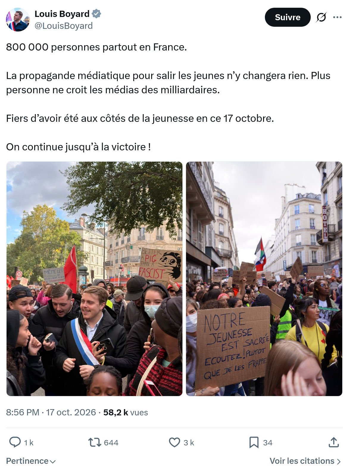 Louis Boyard: 800 000 personnes partout en France...