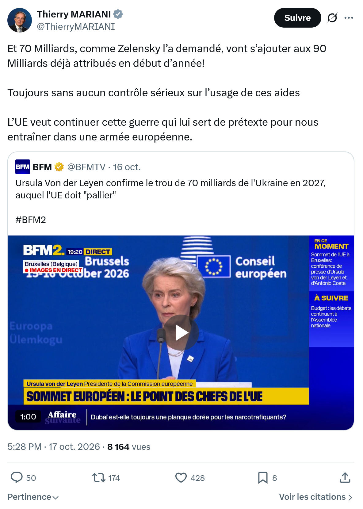 Thierry Mariani: Et 70 Milliards, comme Zelensky...