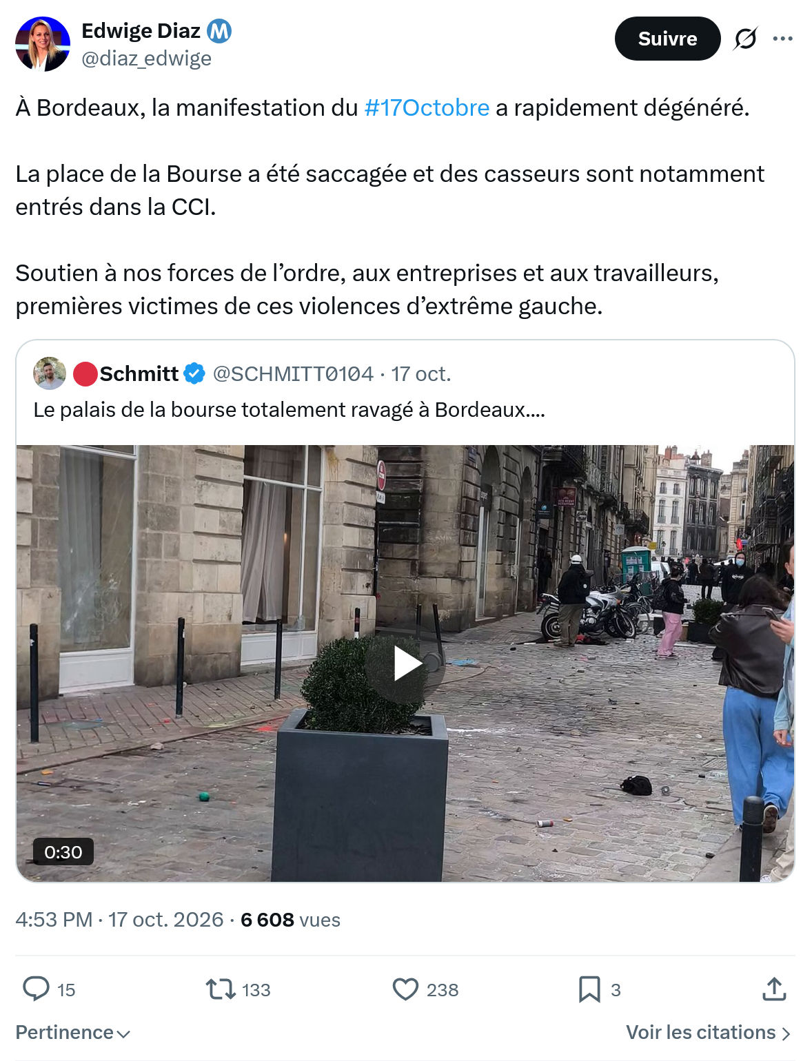 Edwige Diaz: À Bordeaux, la manifestation...