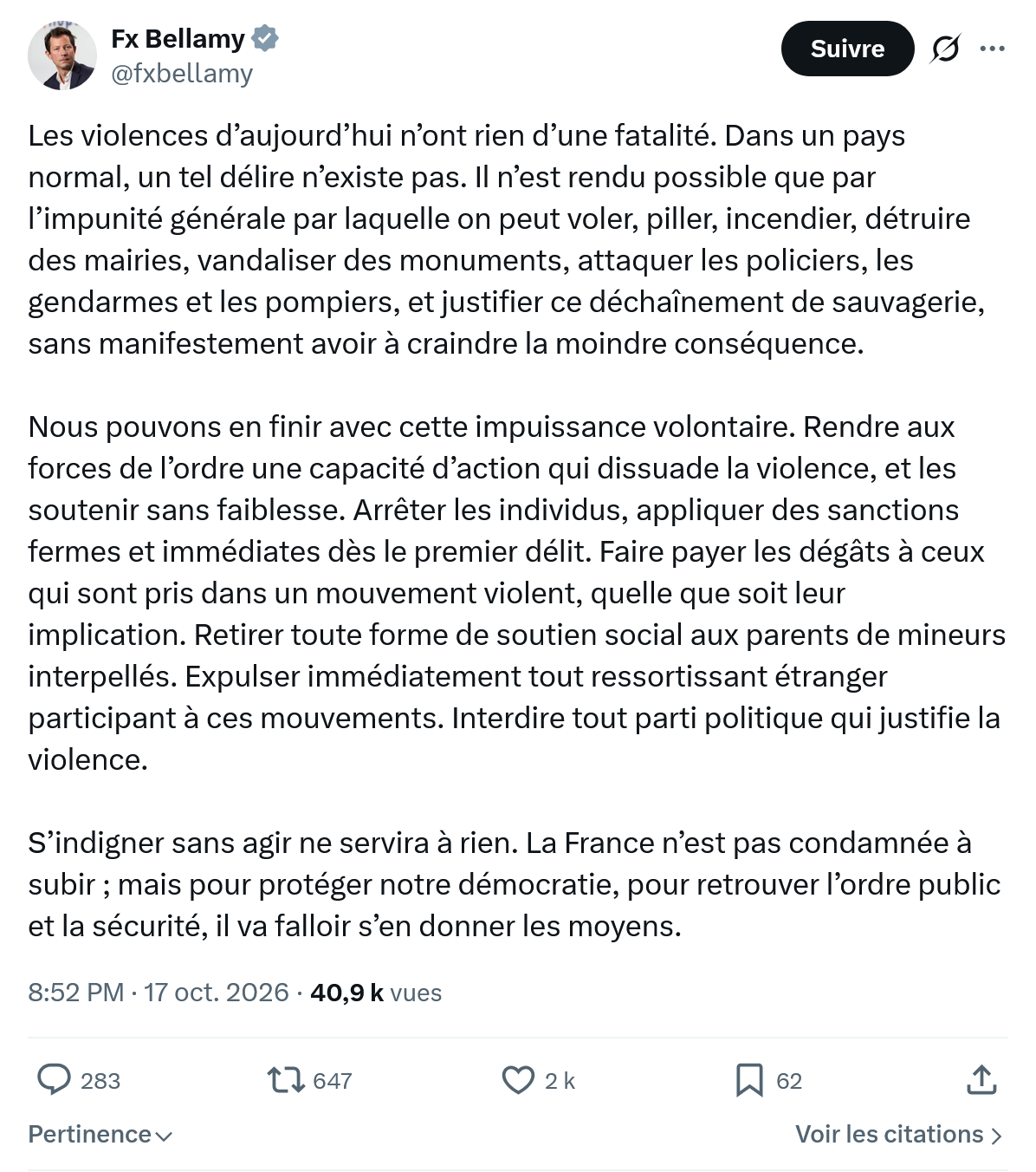 Fx Bellamy: Les violences d’aujourd’hui...