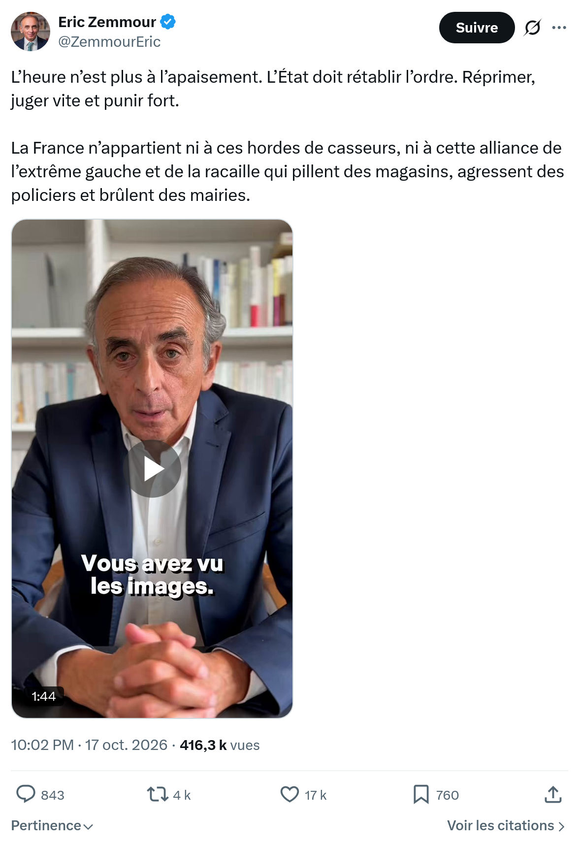 Eric Zemmour: L’heure n’est plus à l’apaisement...