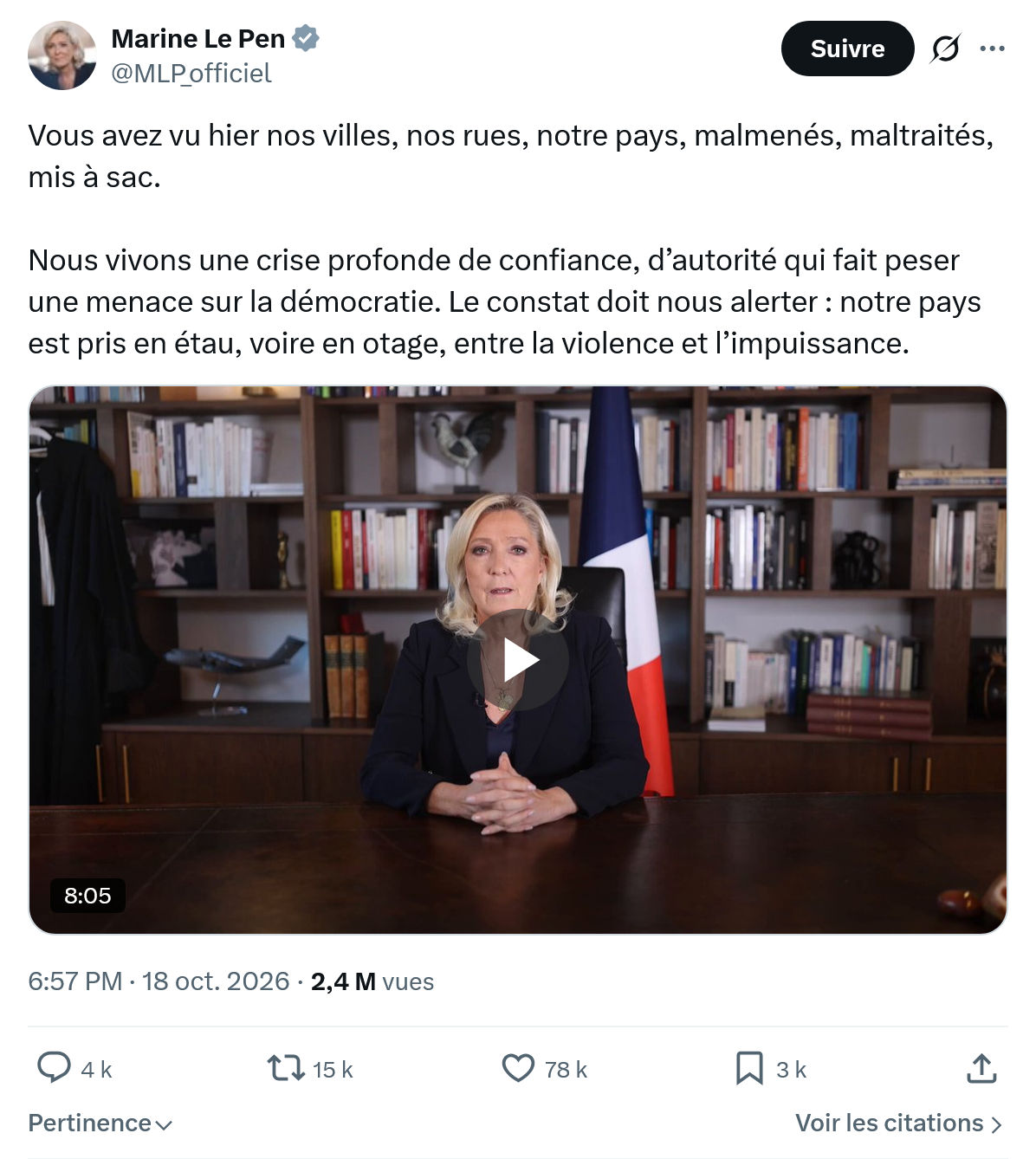 Marine Le Pen: Vous avez vu hier nos villes...