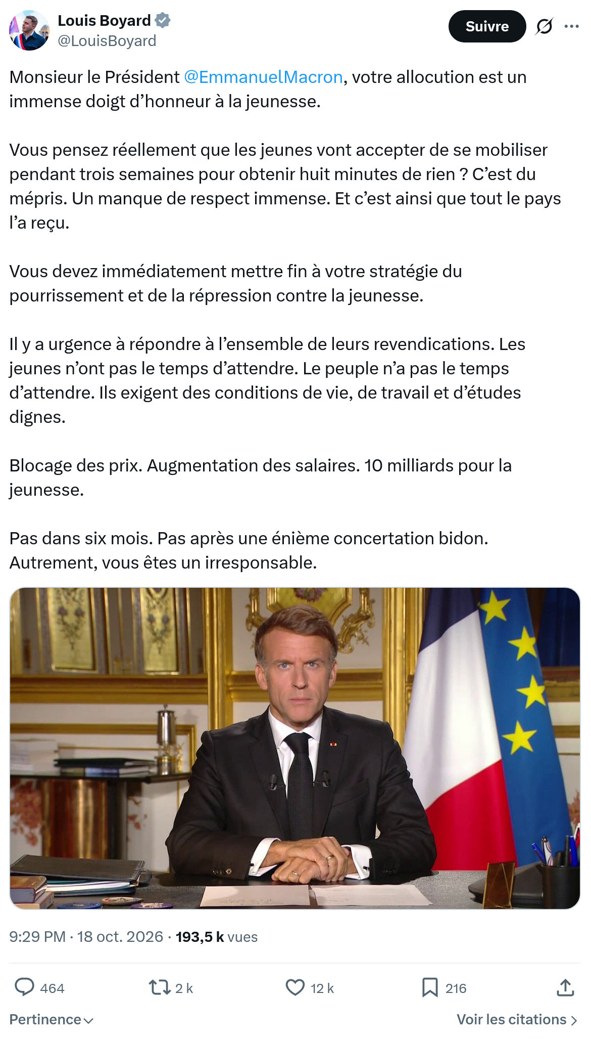 Louis Boyard: Monsieur le Président @EmmanuelMacron...
