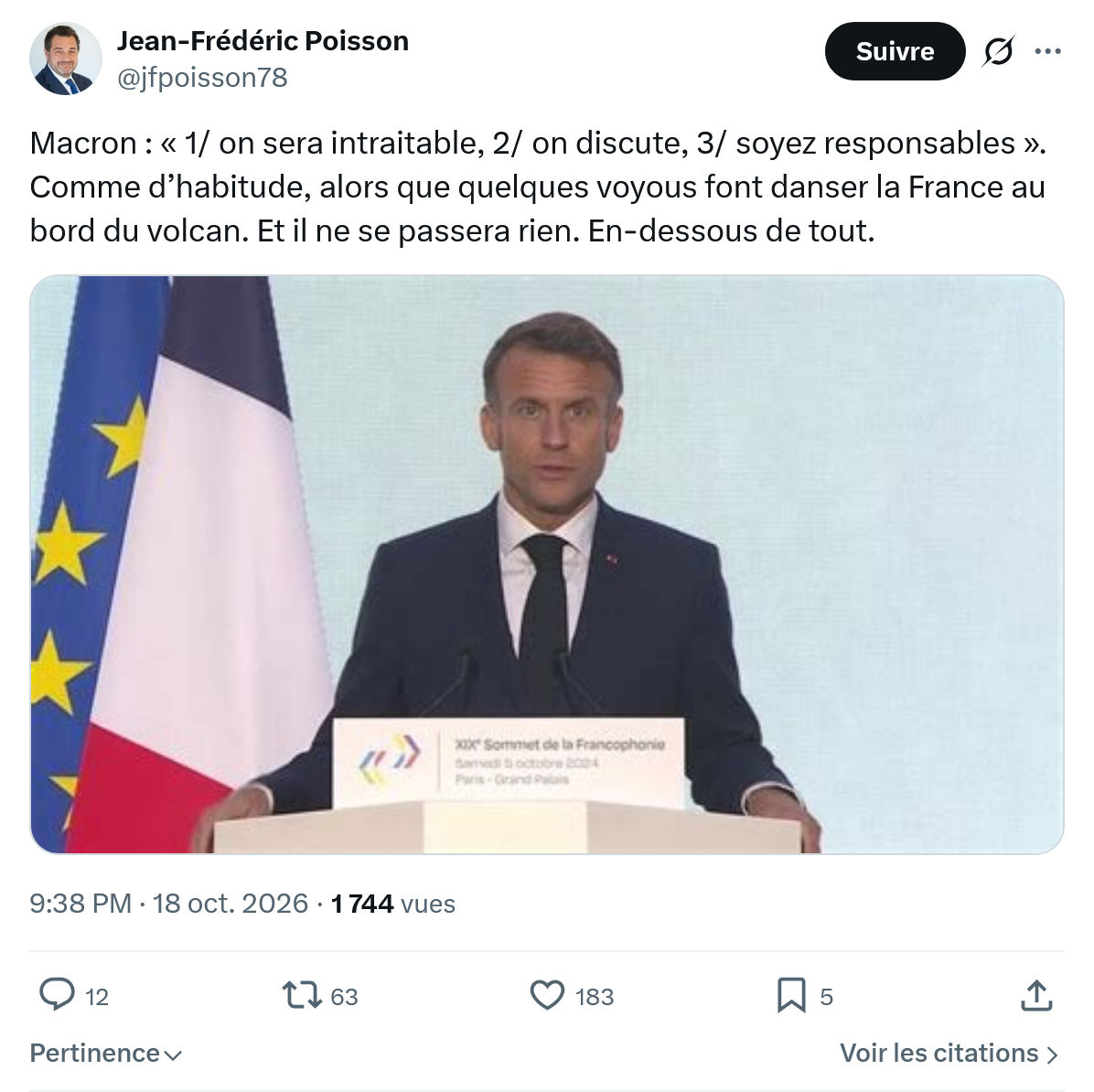 Jean-Frédéric Poisson: Macron : « 1/ on sera intraitable...