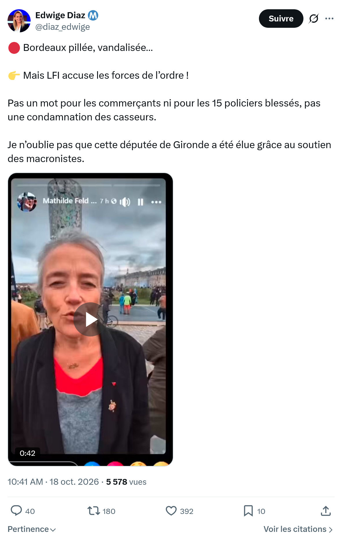 Edwige Diaz: Bordeaux pillée, vandalisée…