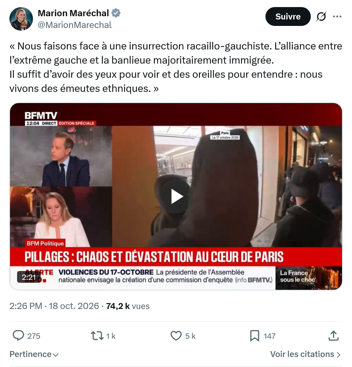 Marion Maréchal- Le Pen: « Nous faisons face à une insurrection...