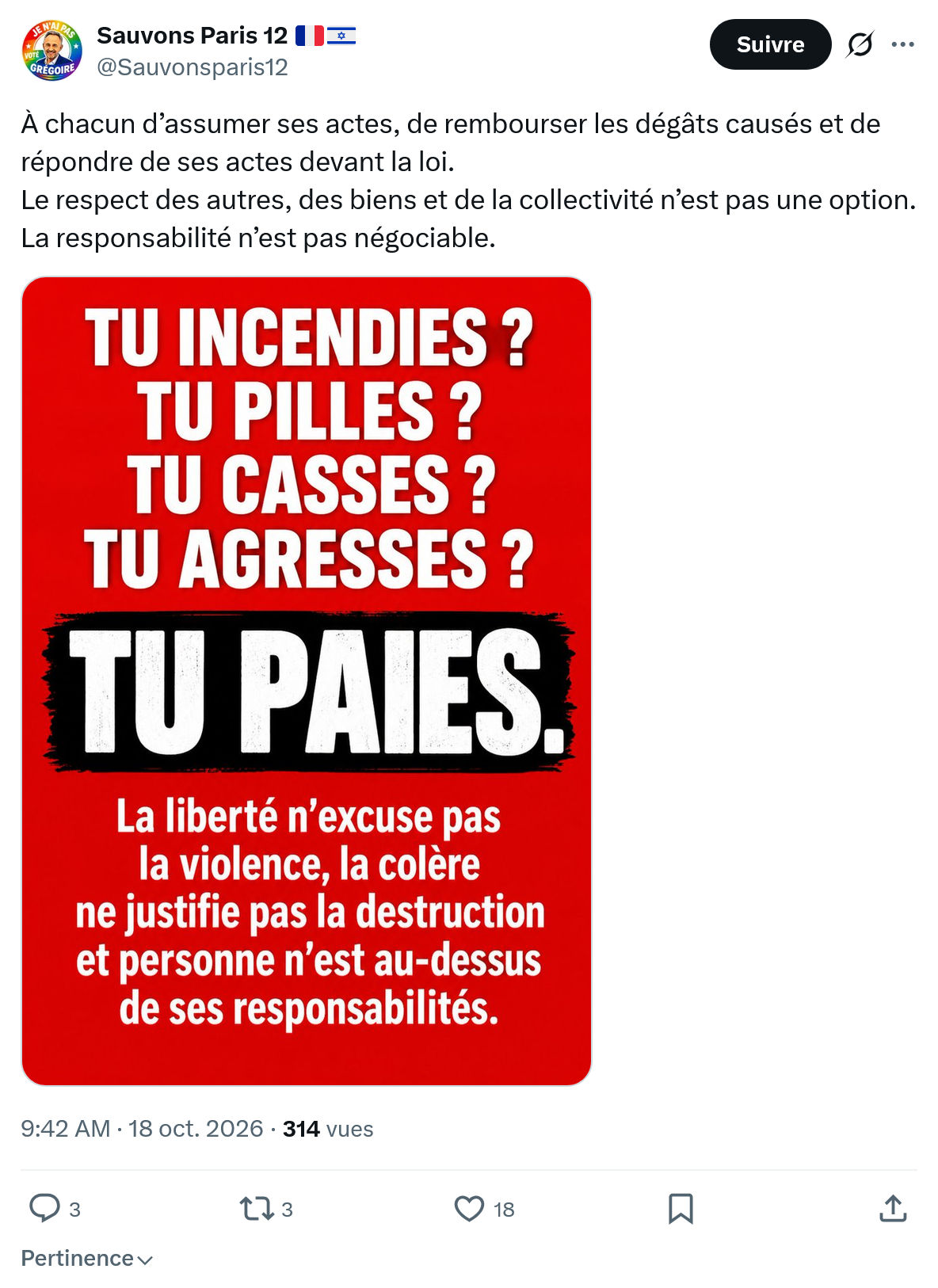 Sauvons Paris 12: À chacun d’assumer ses actes...
