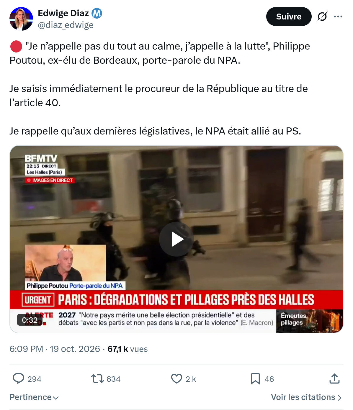 Edwige Diaz: "Je n’appelle pas du tout au calme...
