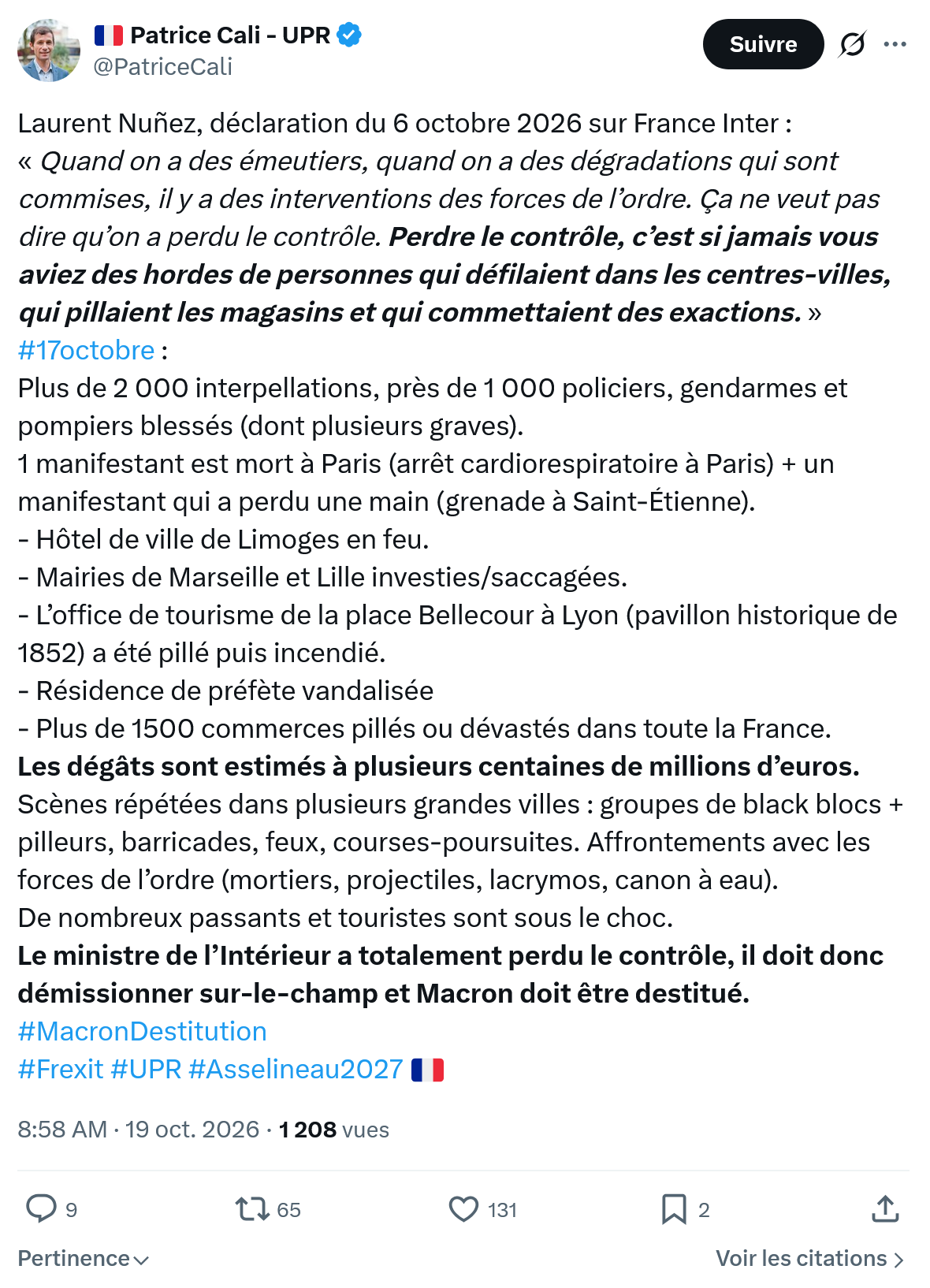Patrice Cali: Laurent Nuñez, déclaration...