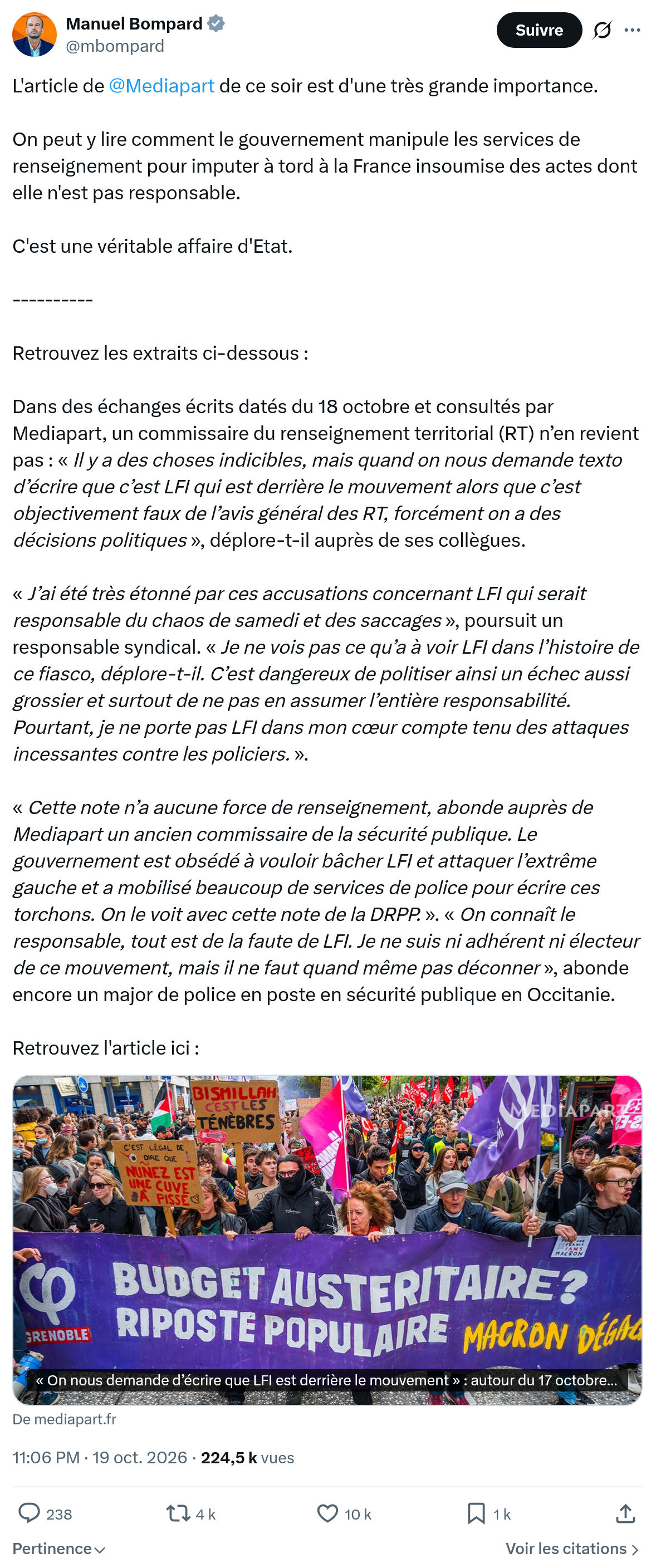Manuel Bompard: L'article de @Mediapart...