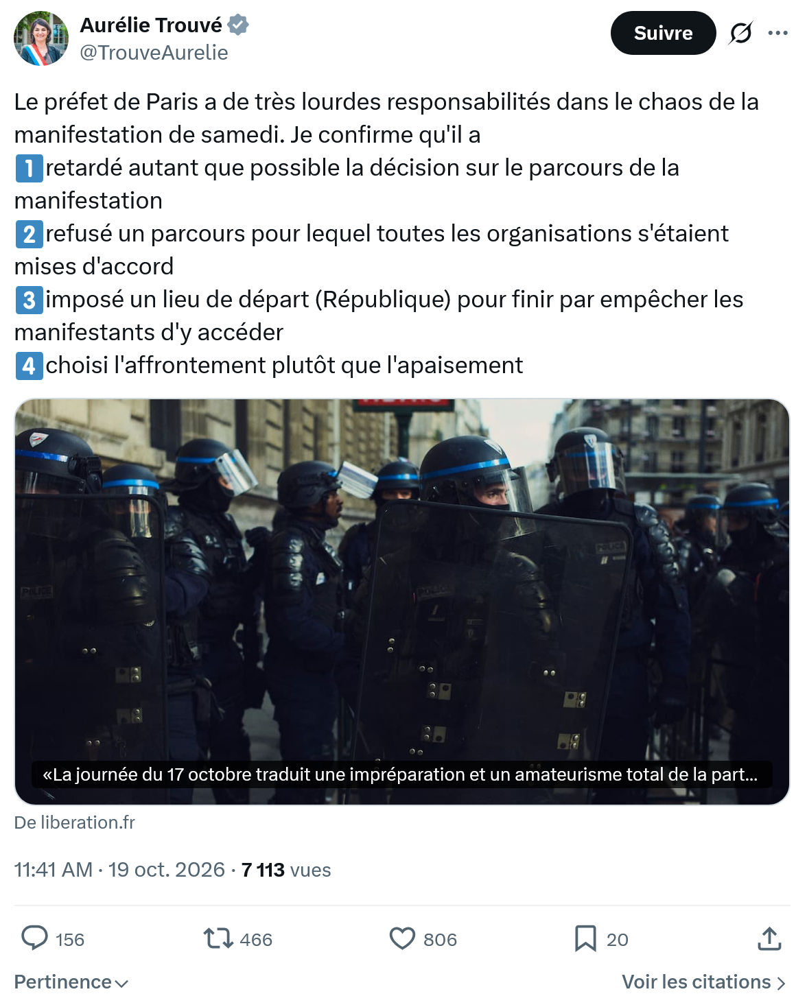 Aurélie Trouvé: Le préfet de Paris a de très...
