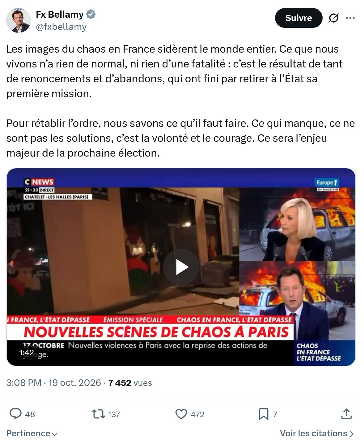 Fx Bellamy: Les images du chaos en France...