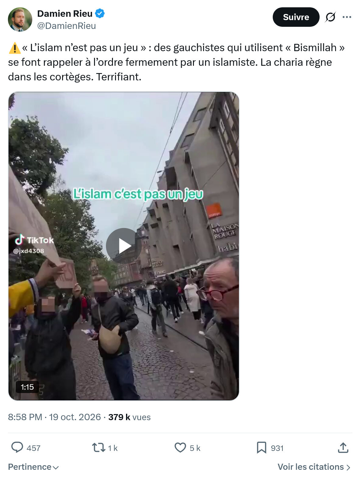 Damien Rieu: « L’islam n’est pas un jeu »...
