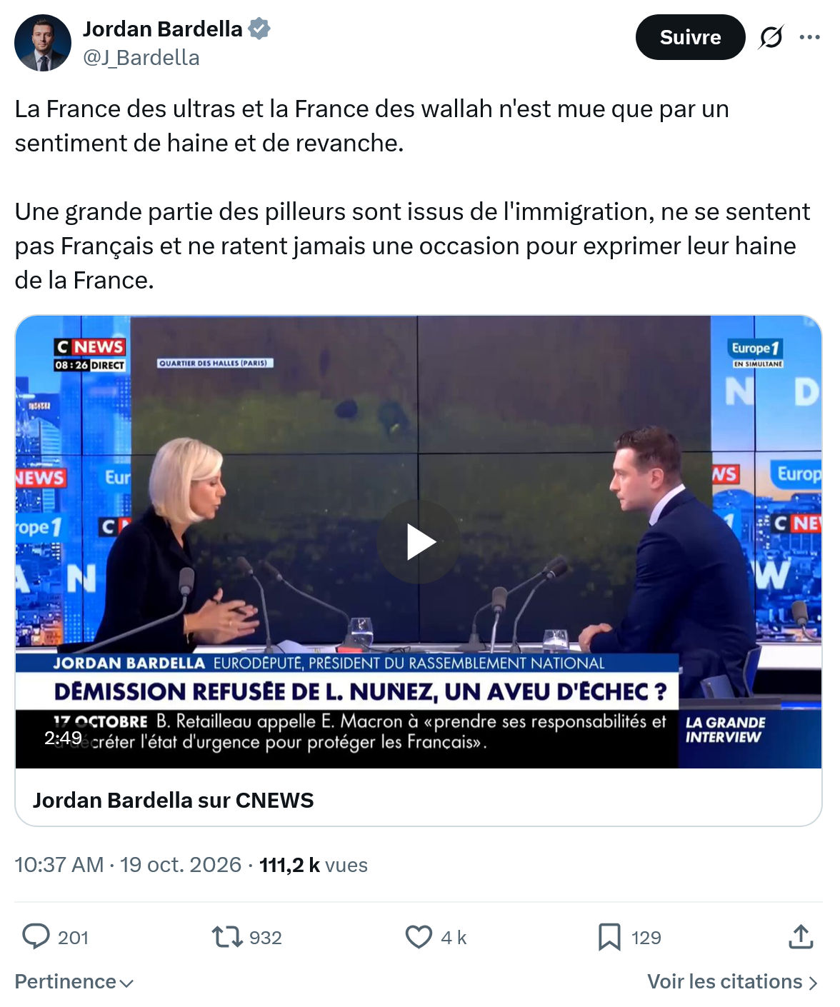 Jordan Bardella: La France des ultras et la France...