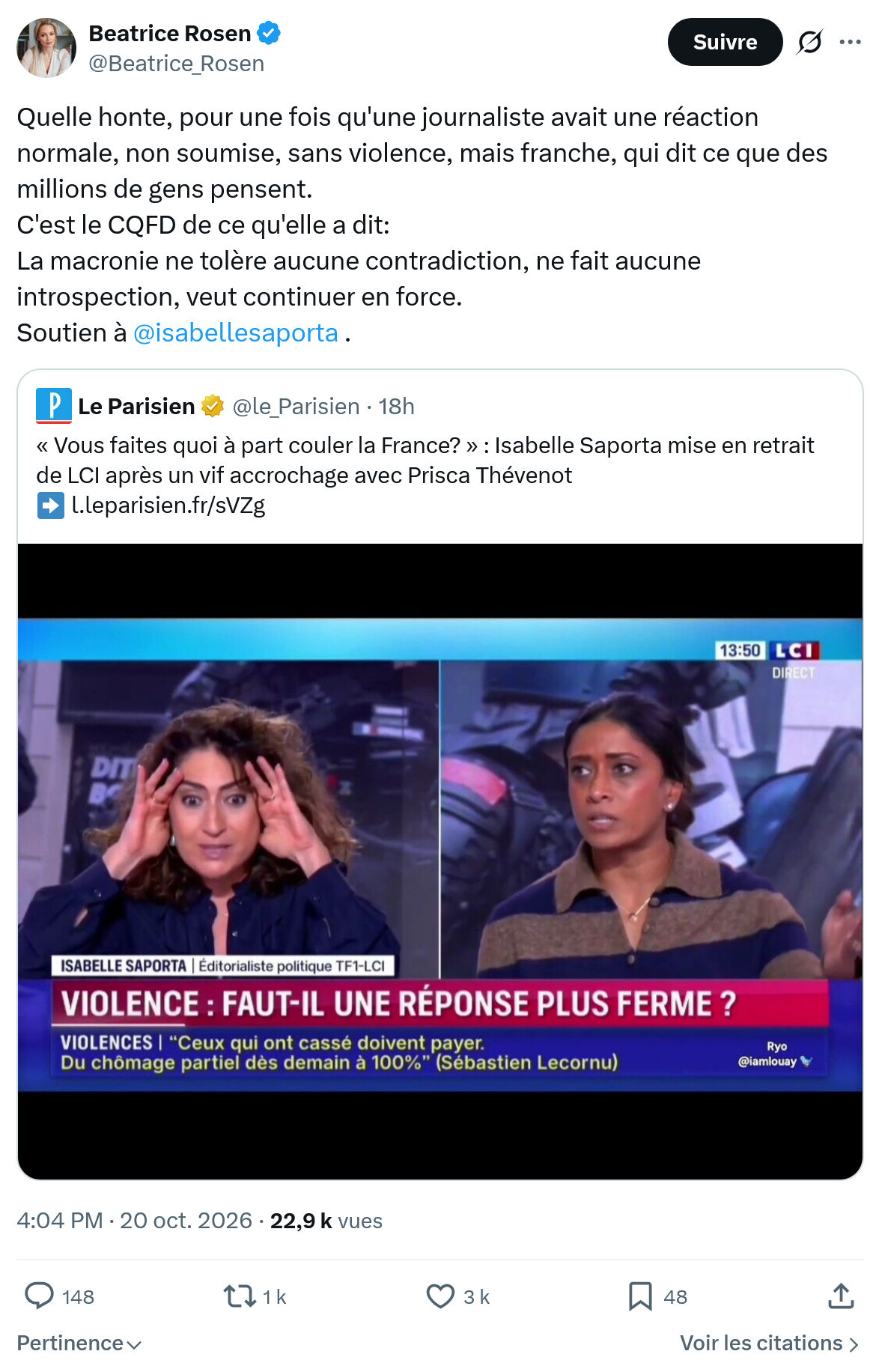 Béatrice Rosen: Quelle honte, pour une fois...