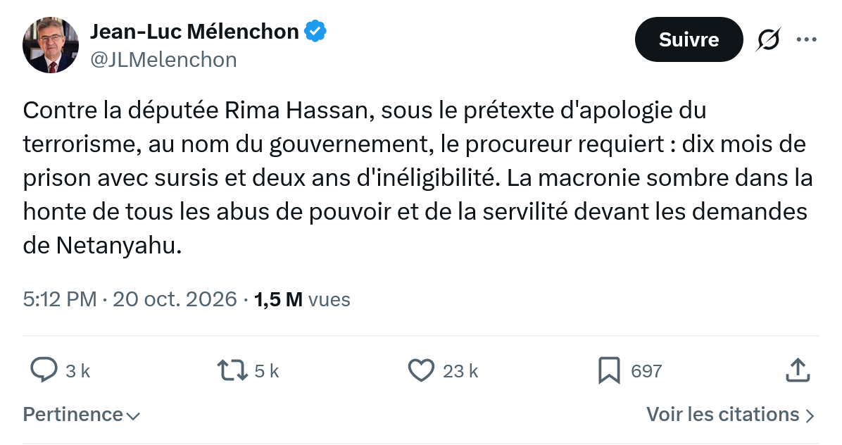 Jean-Luc Mélenchon: Contre la députée Rima Hassan...