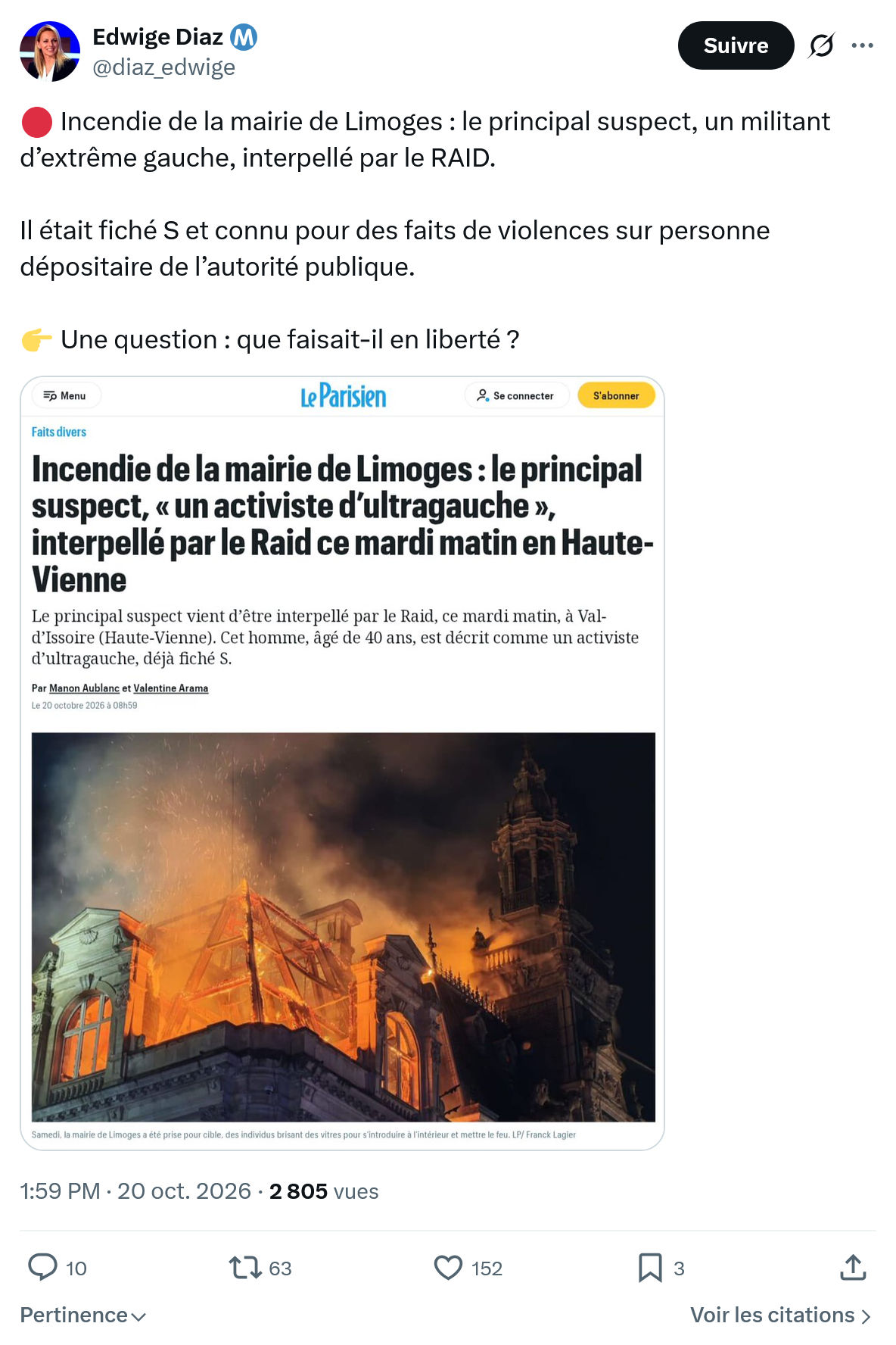 Edwige Diaz: Incendie de la mairie de Limoges...