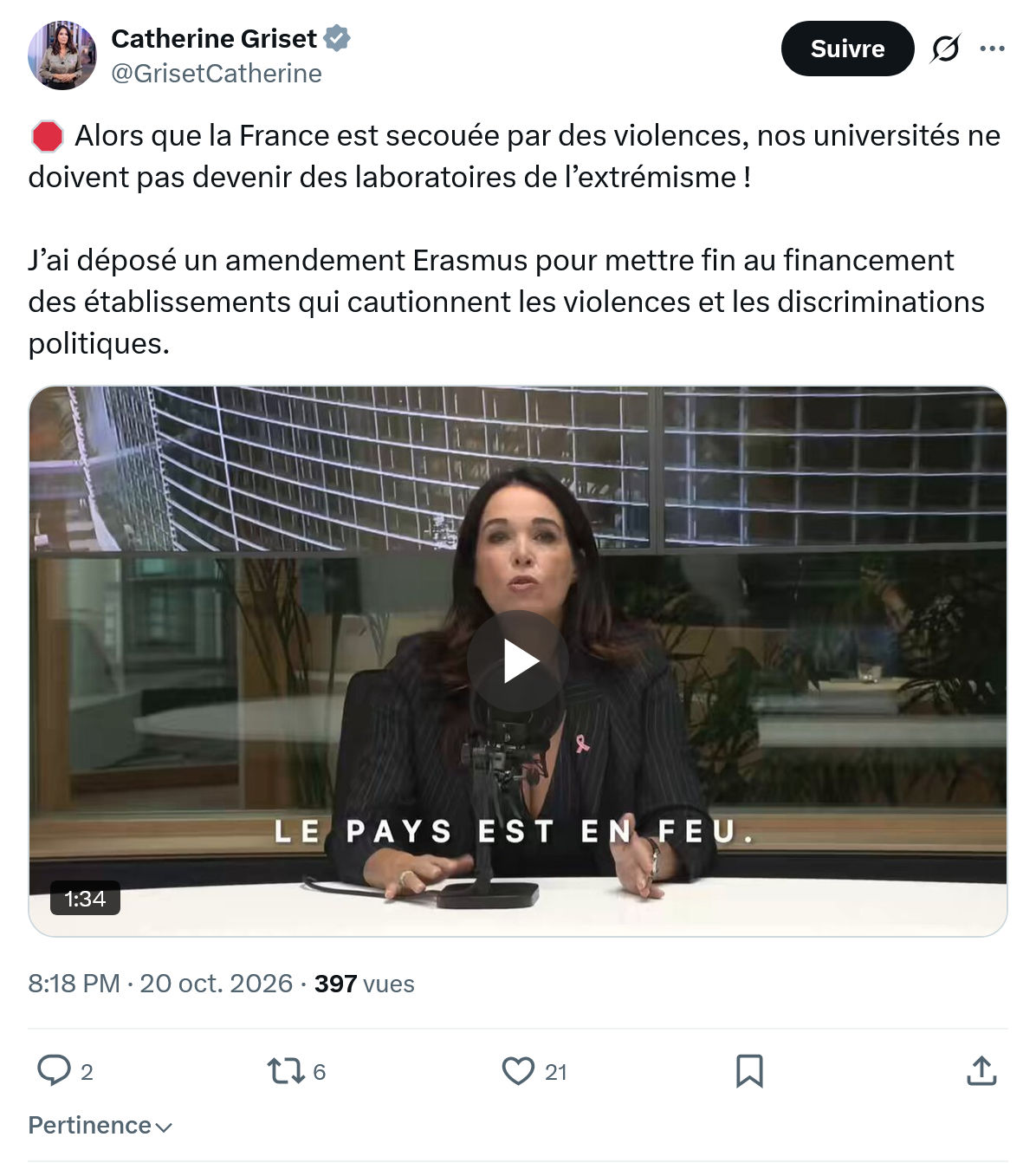 Catherine Griset: Alors que la France est secouée...