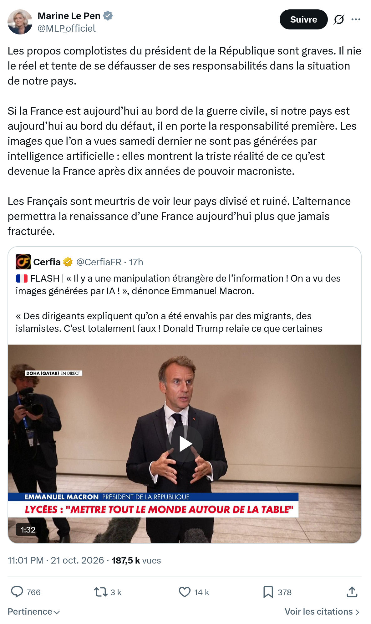 Marine Le Pen: Les propos complotistes...