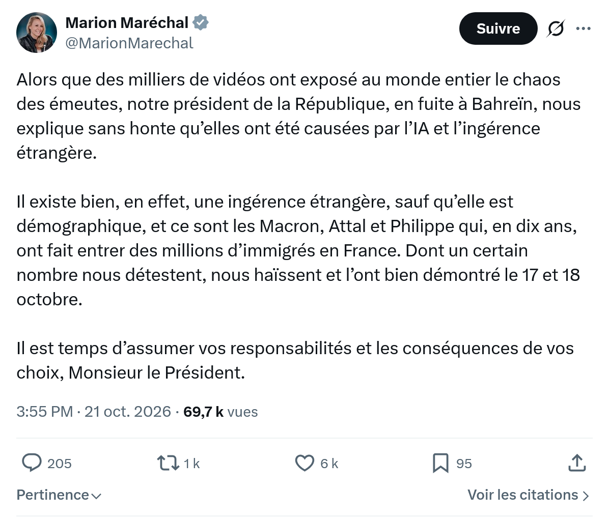 Marion Maréchal- Le Pen: Alors que des milliers...