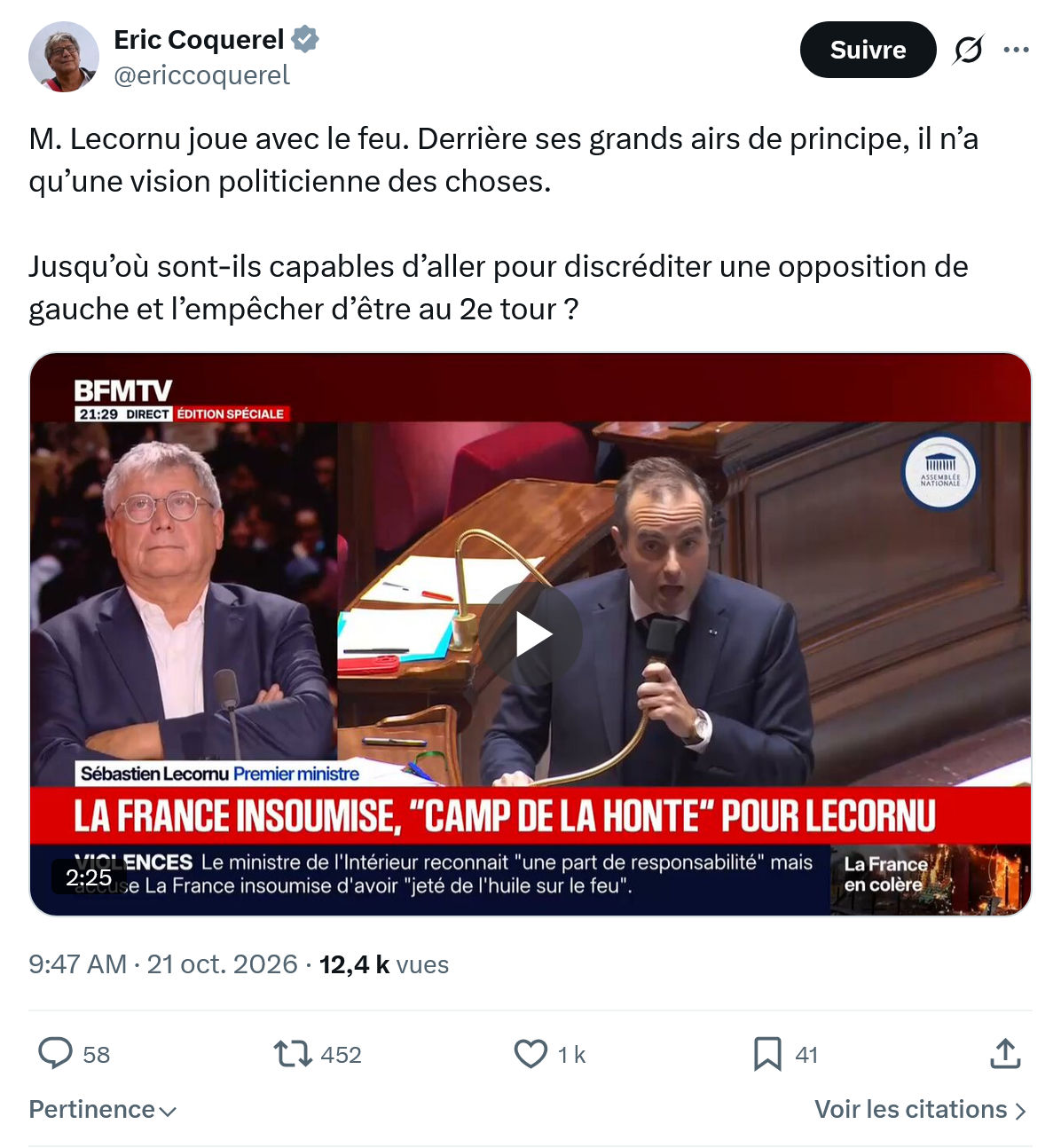 Eric Coquerel: M. Lecornu joue avec le feu...