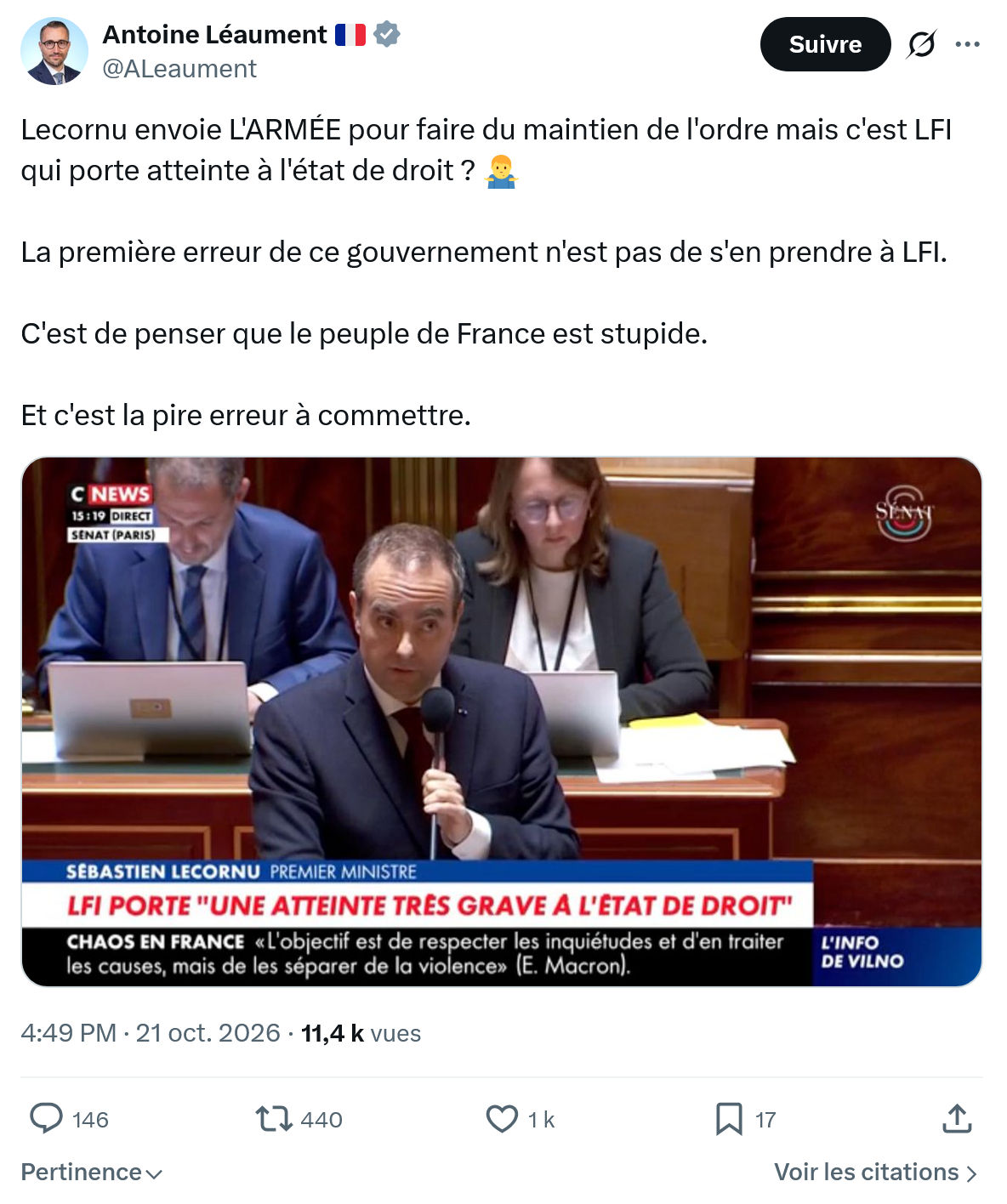 Antoine Léaument: Lecornu envoie L'ARMÉE...