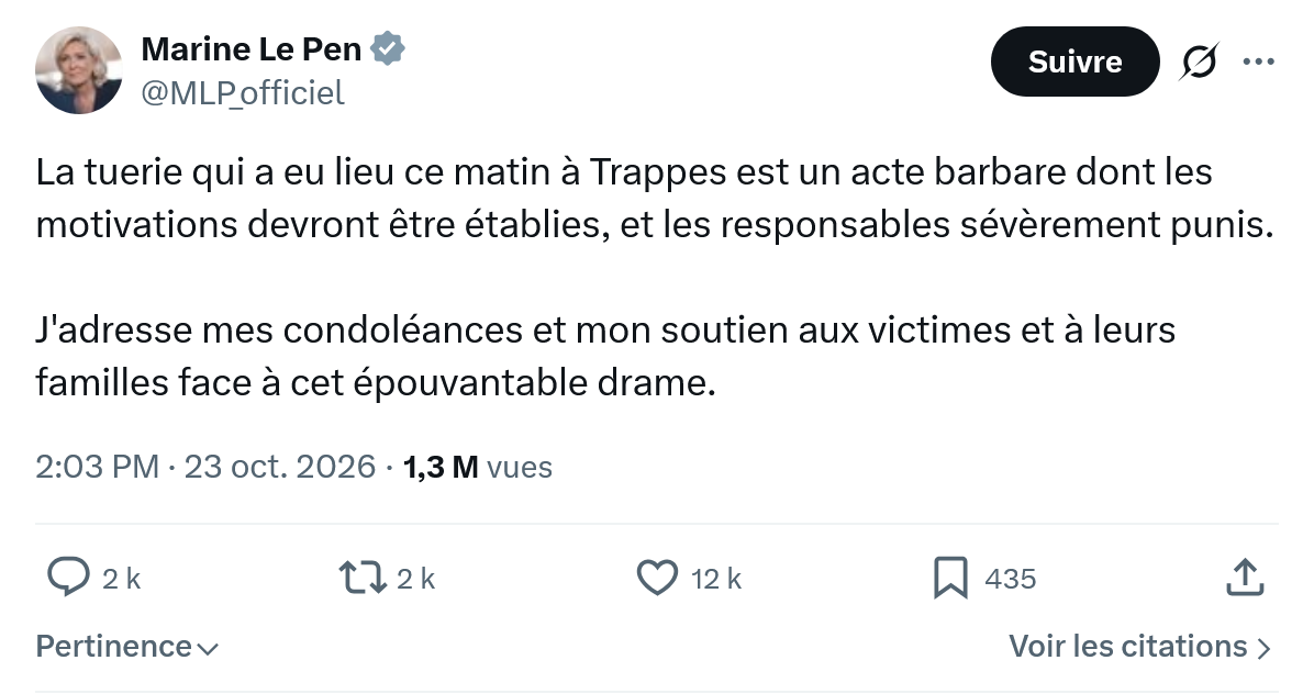 Marine Le Pen: La tuerie qui a eu lieu ce matin...