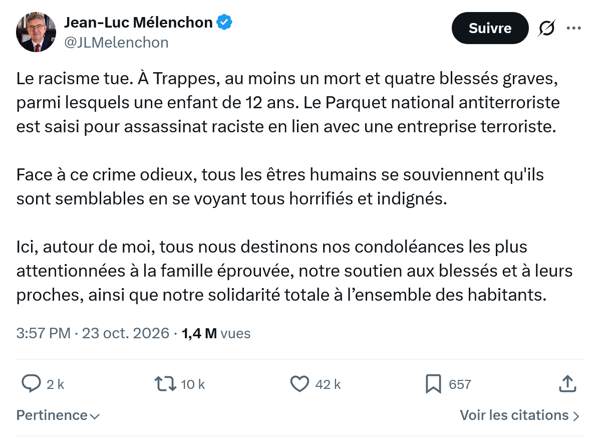 Jean-Luc Mélenchon: Le racisme tue. À Trappes...