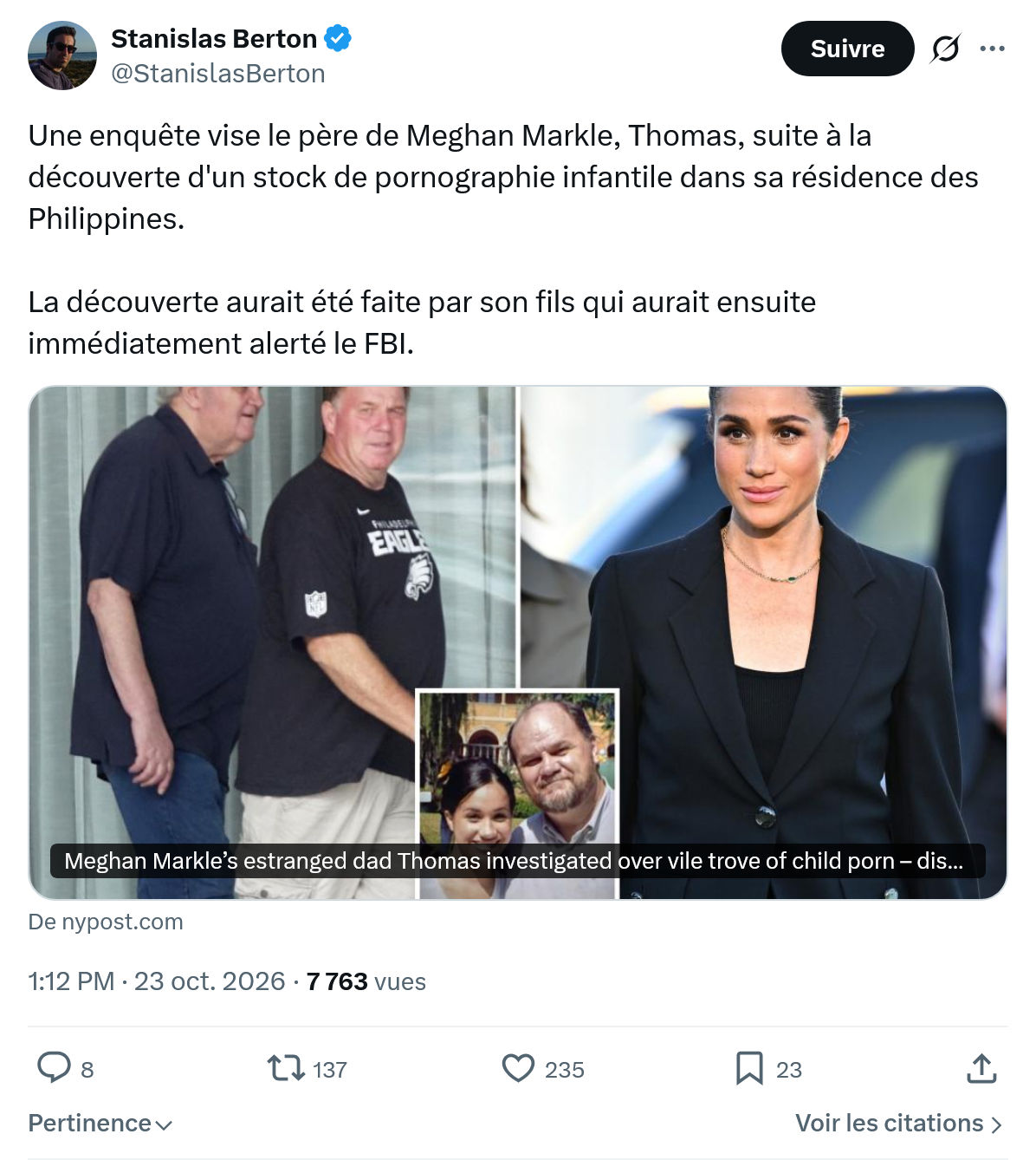 Stanislas Berton: Une enquête vise le père de Meghan Markle...