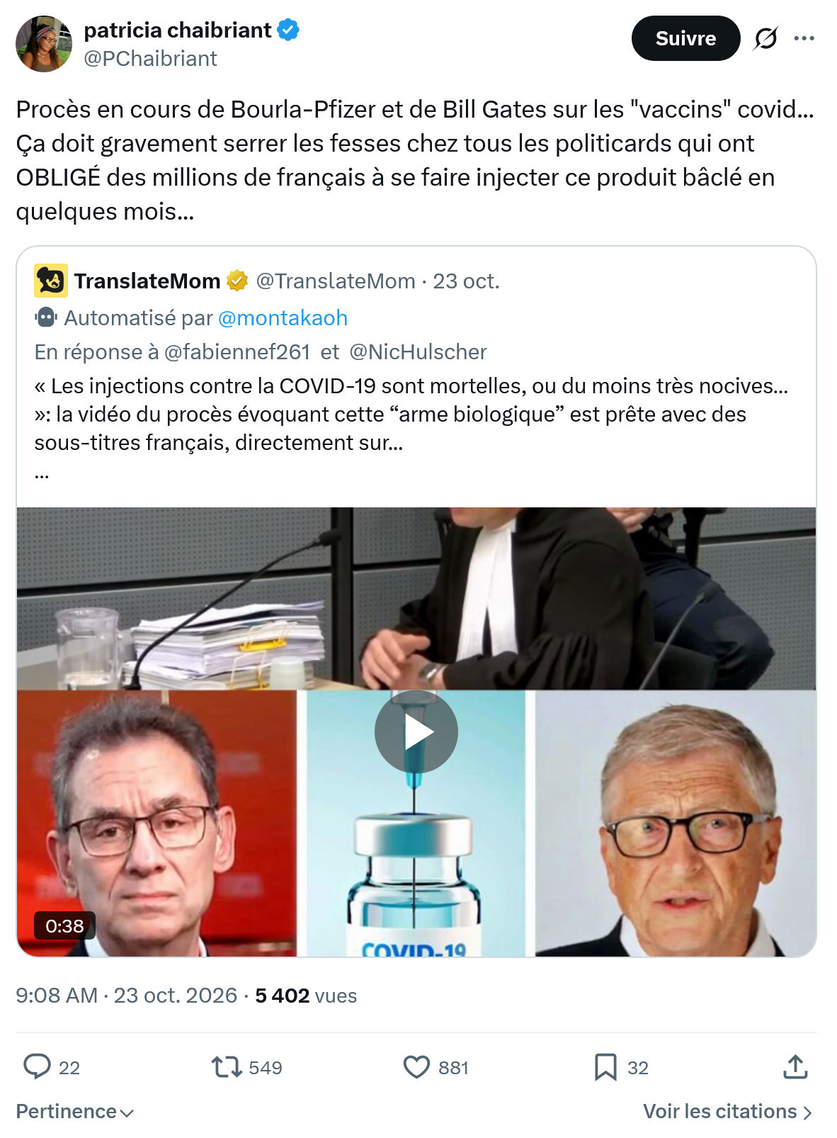Patricia Chaibriant: Procès en cours de Bourla-Pfizer...