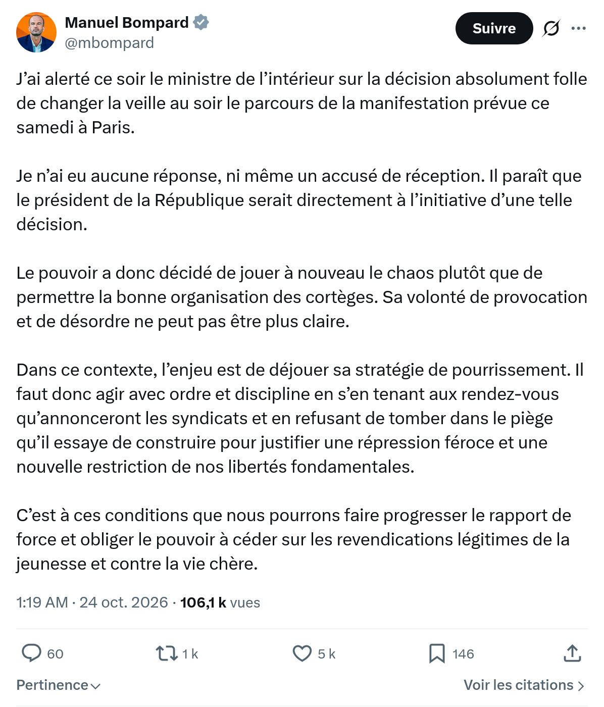 Manuel Bompard: J’ai alerté ce soir le ministre...