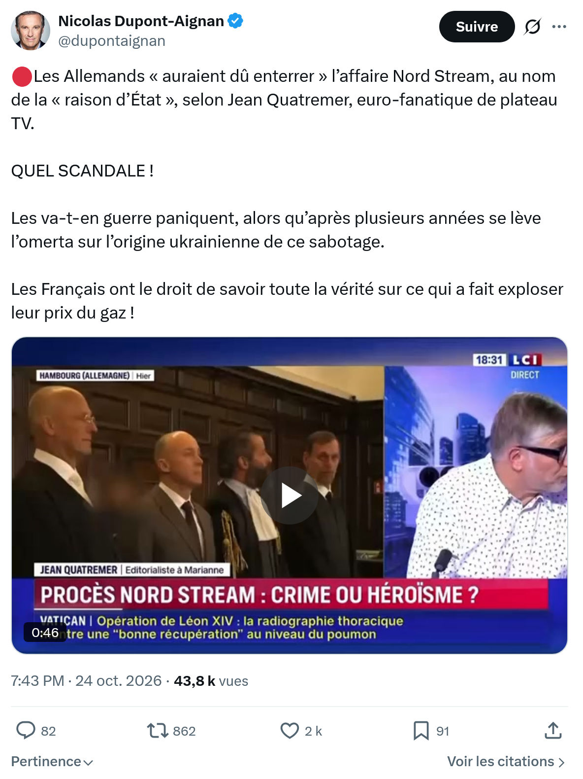 Nicolas Dupont-Aignan: Les Allemands « auraient dû enterrer »...