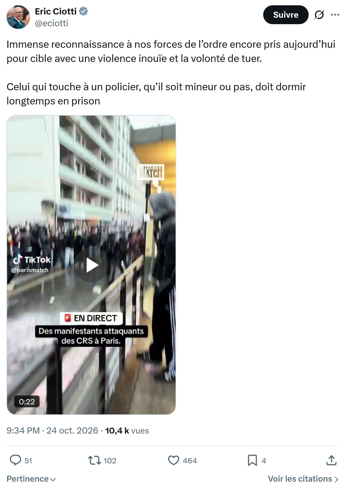 Éric Ciotti: Immense reconnaissance à nos forces...