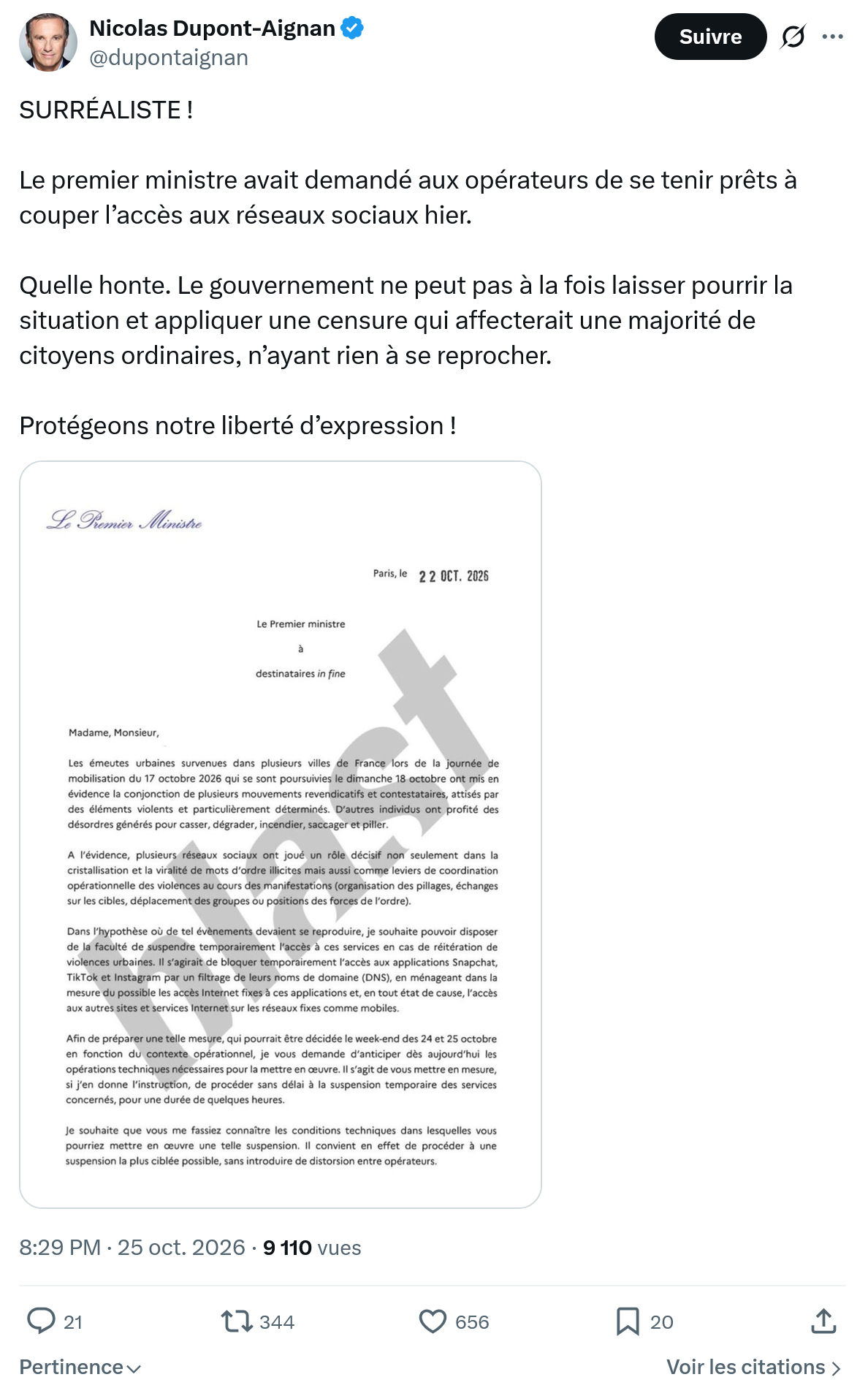 Nicolas Dupont-Aignan: Le premier ministre avait demandé...