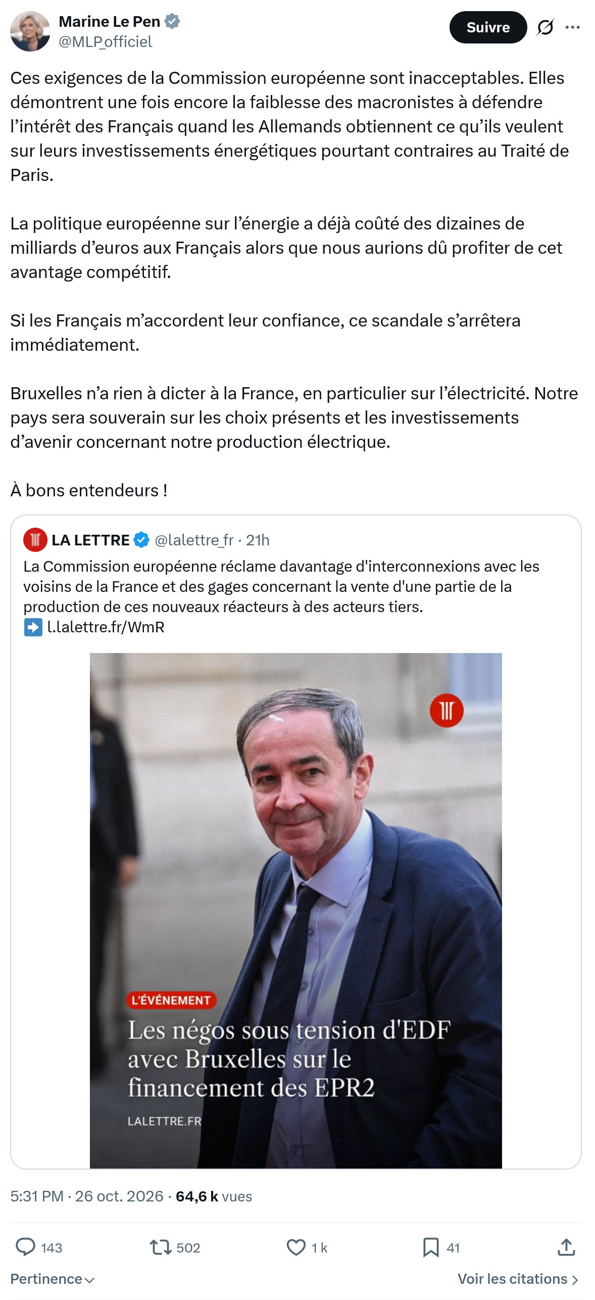Marine Le Pen: Ces exigences de la Commission...
