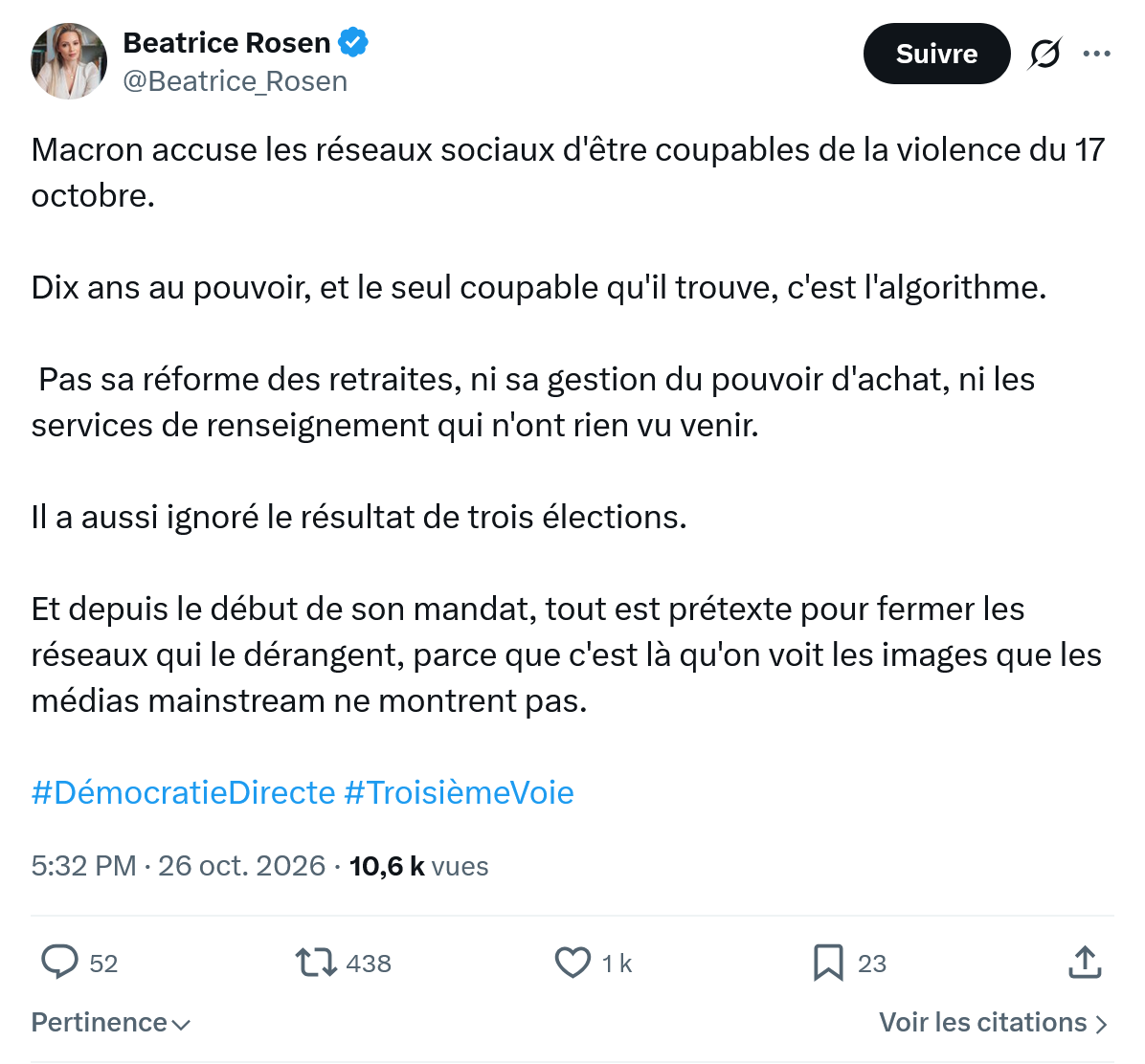 Béatrice Rosen: Macron accuse les réseaux...