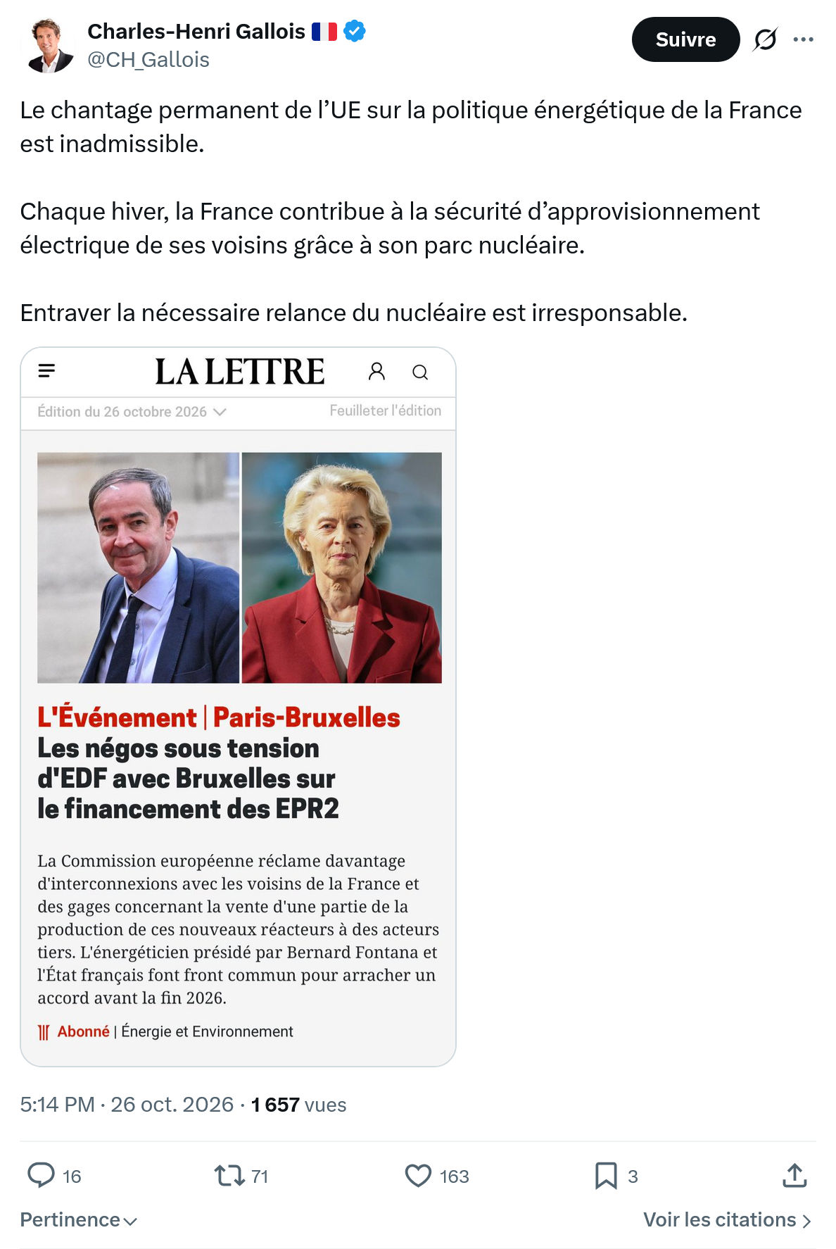 Charles-Henri Gallois: Le chantage permanent de l’UE...
