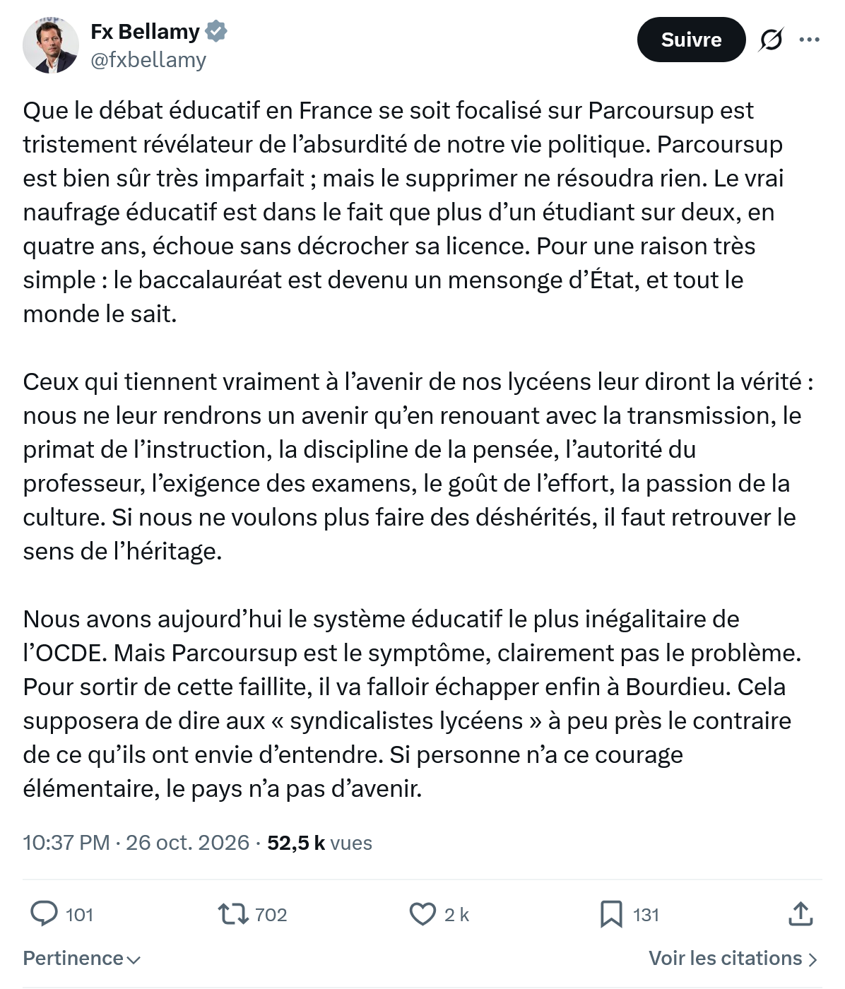 Fx Bellamy: Que le débat éducatif...