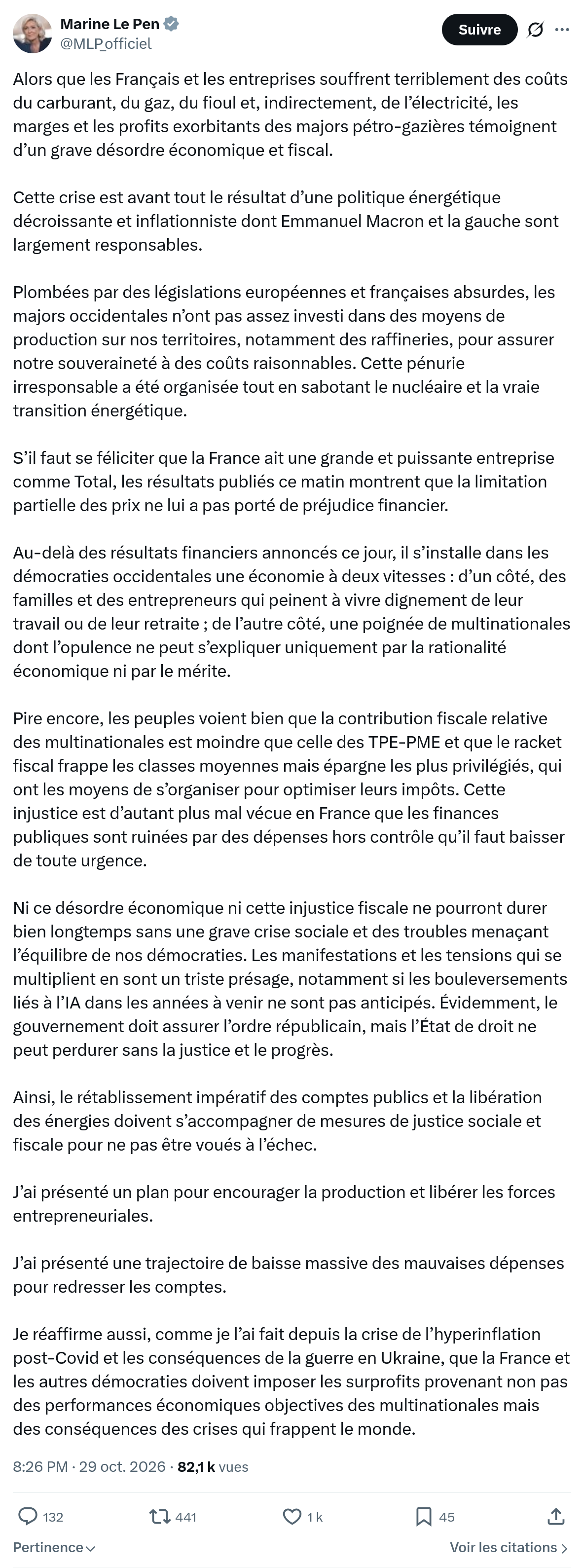 Marine Le Pen: Alors que les Français et les entreprises...