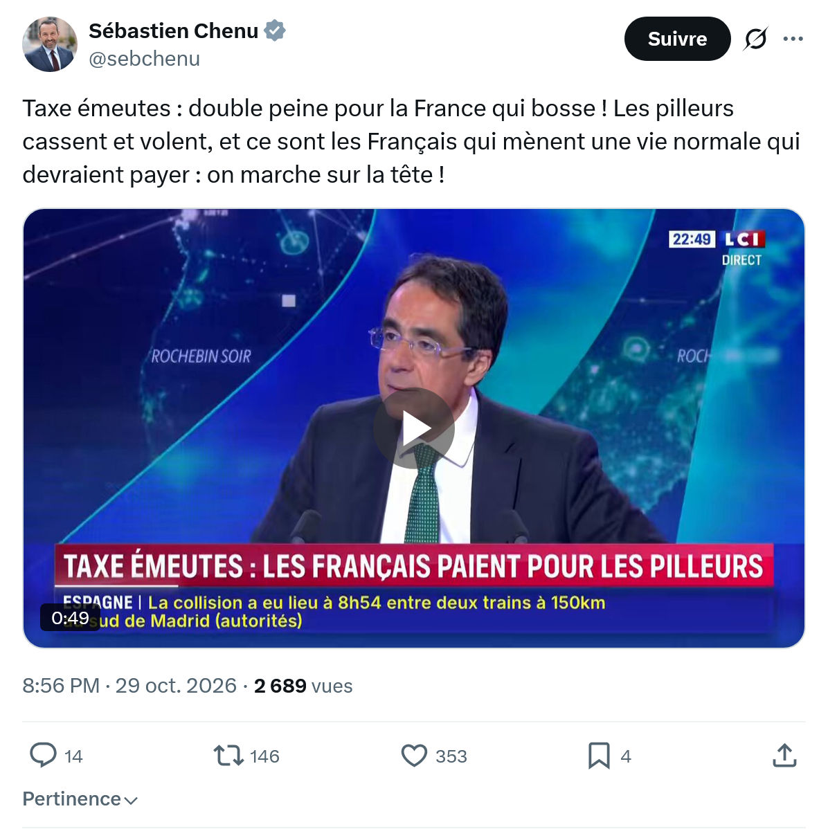 Sébastien Chenu: Taxe émeutes : double peine...