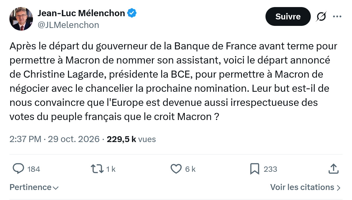 Jean-Luc Mélenchon: Après le départ du gouverneur de la Banque...