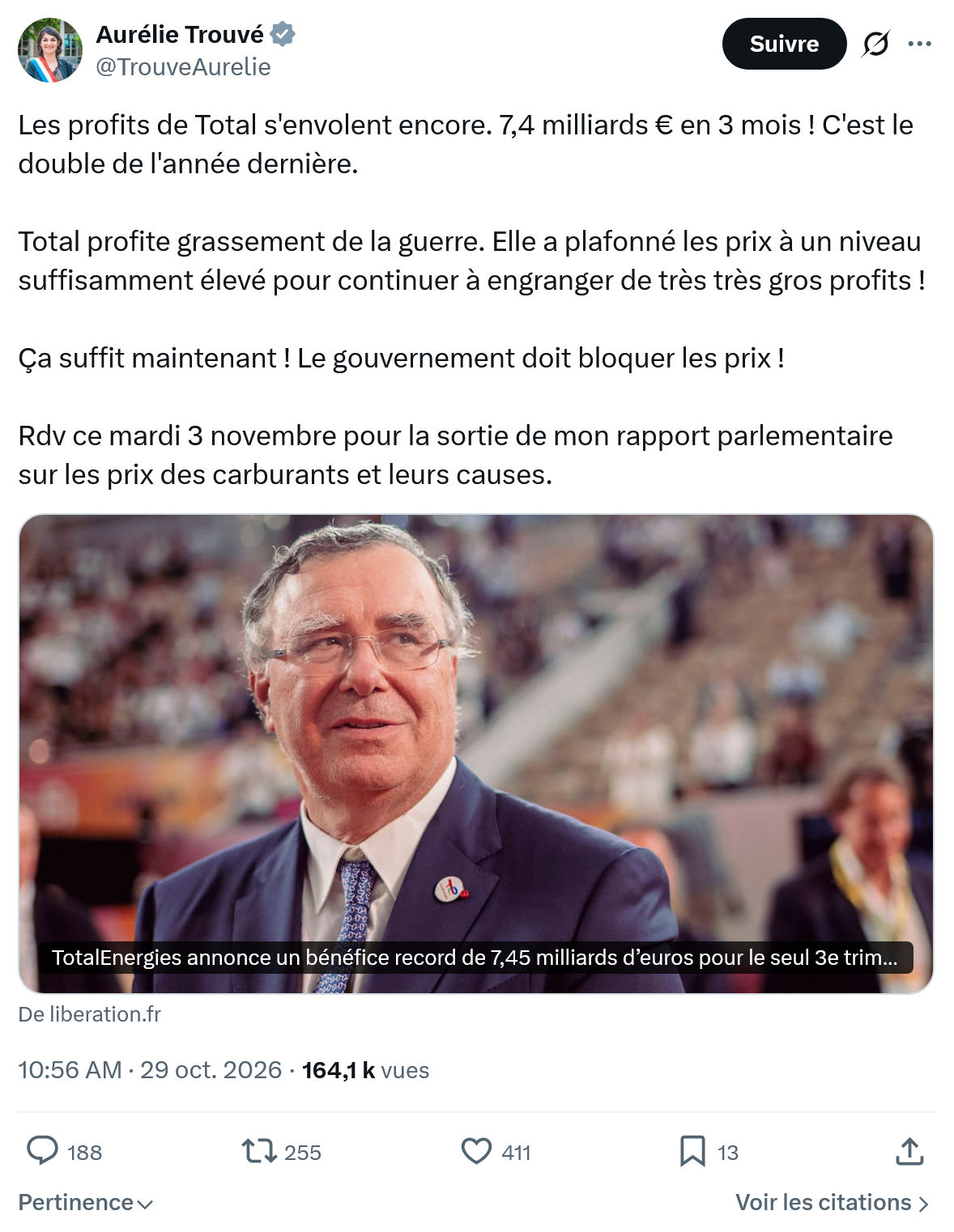 Aurélie Trouvé: Les profits de Total...