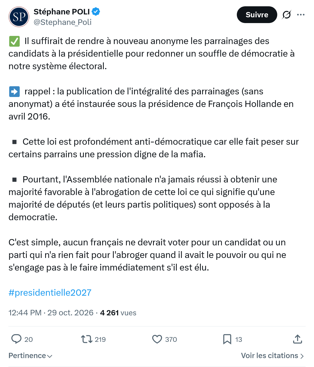 Stephane Poli: Il suffirait de rendre à nouveau...