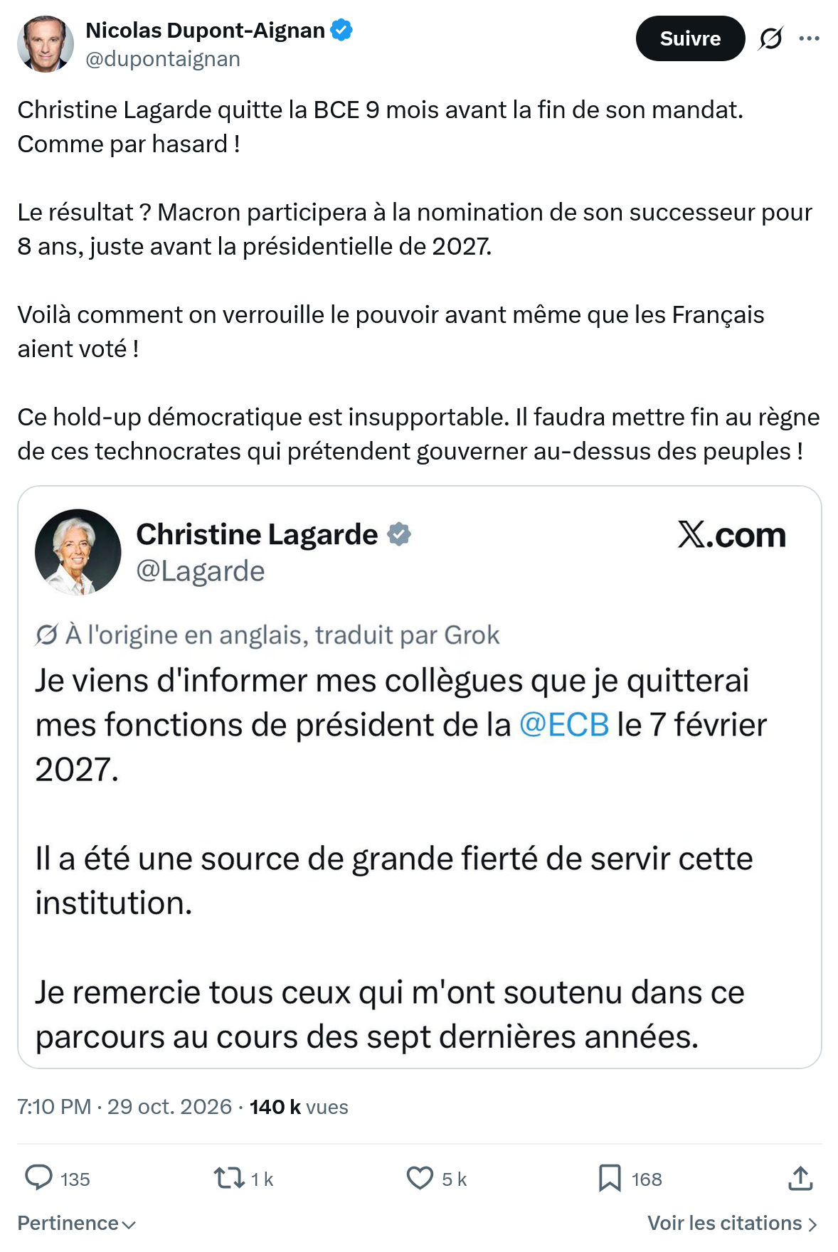 Nicolas Dupont-Aignan: Christine Lagarde quitte...