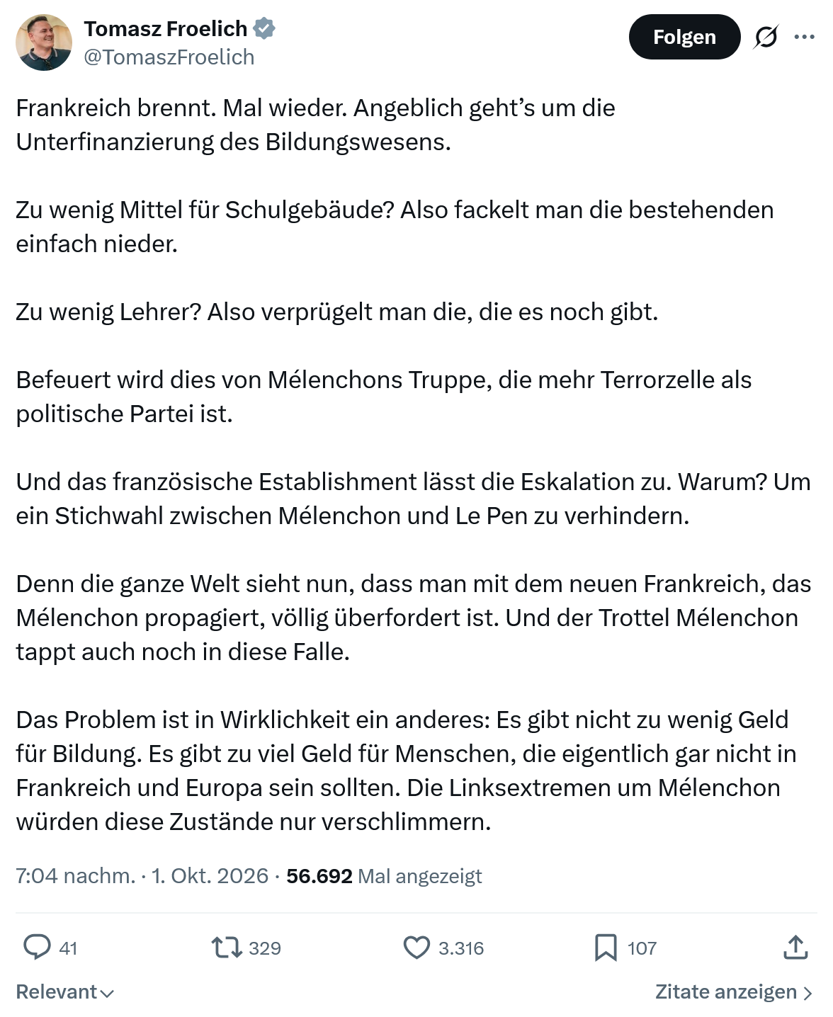Tomasz Froelich: Frankreich brennt. Mal wieder...