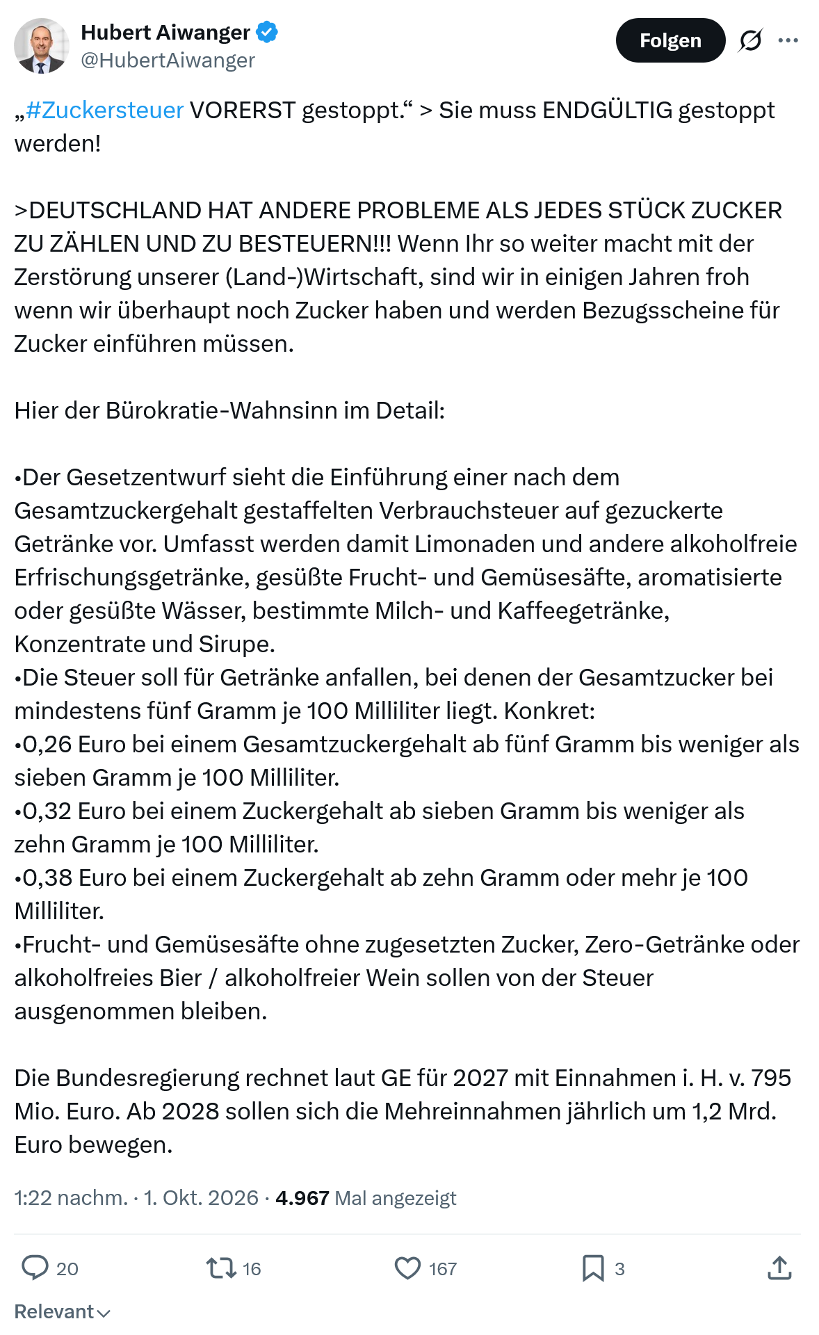 Hubert Aiwanger: „#Zuckersteuer VORERST gestoppt.“...